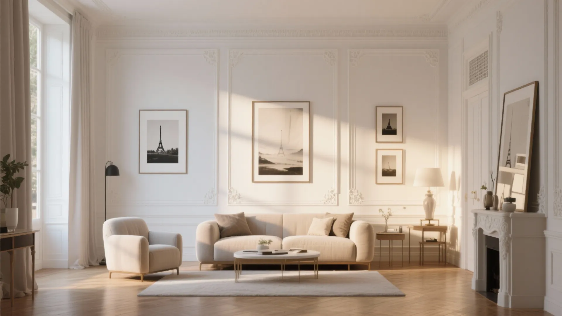 Elegant white living room featuring wall panel details cream sofa armchair wooden floor and fireplace