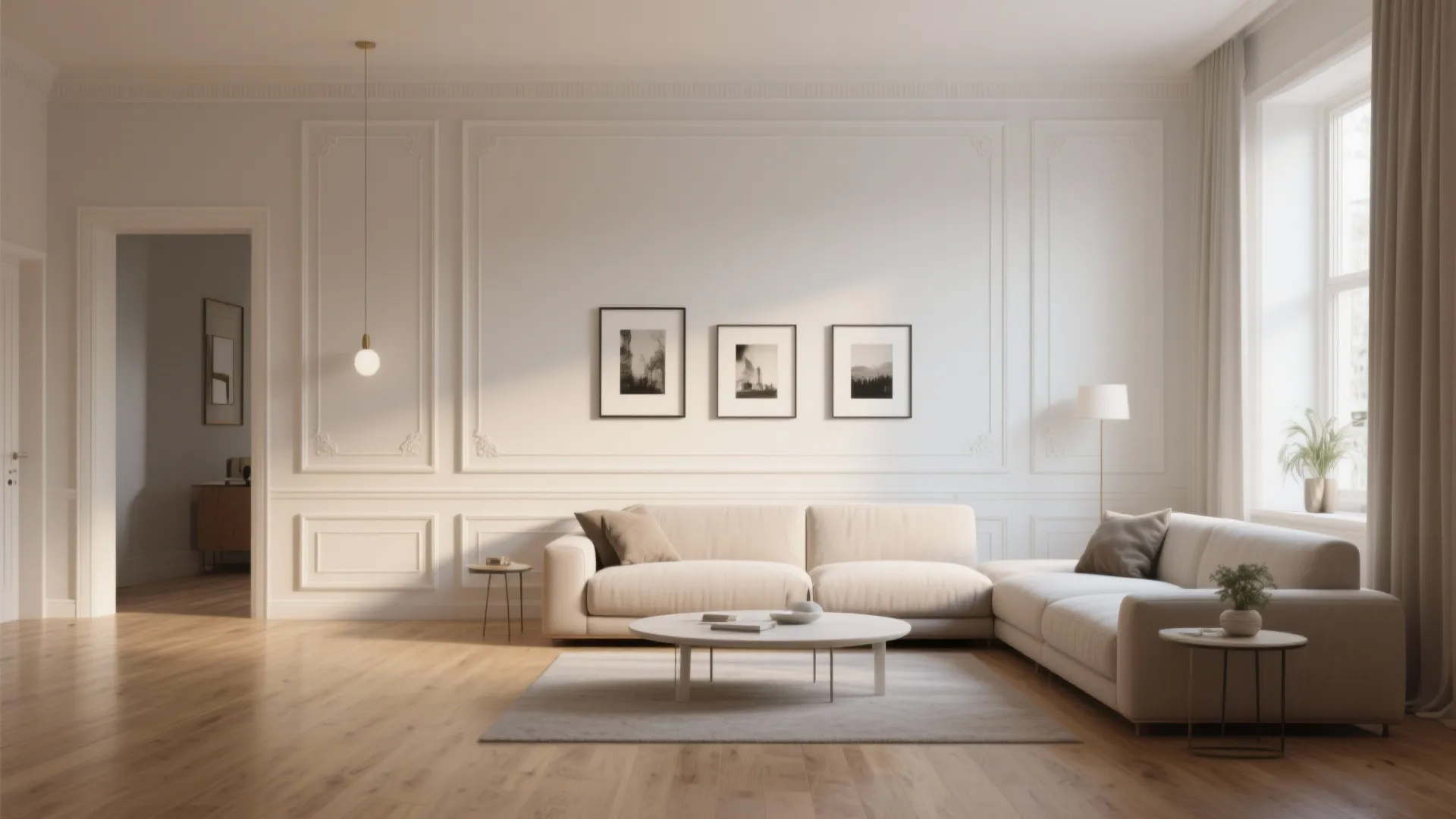 Modern living room with picture frame molding on neutral walls