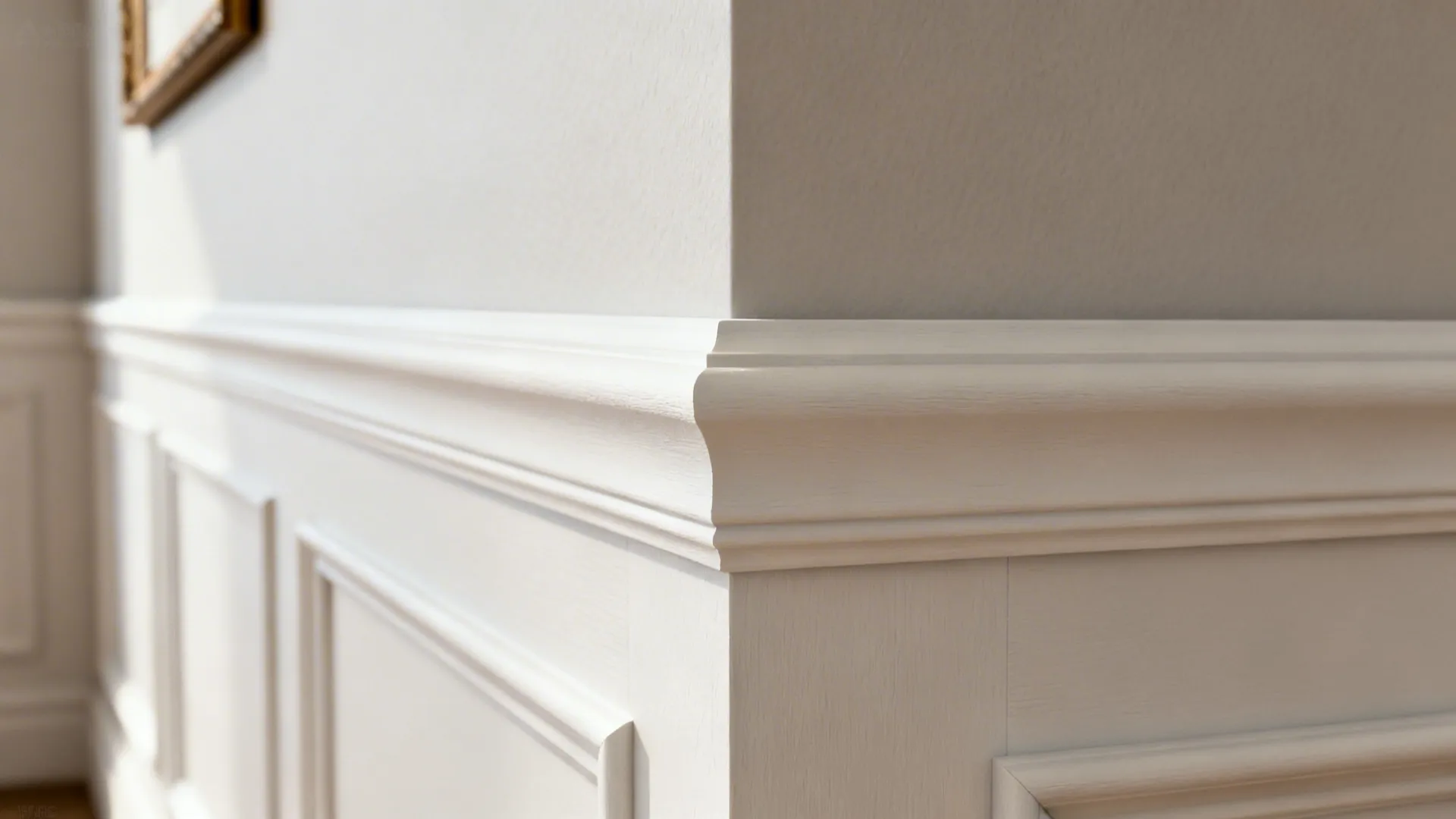 Close-up of picture frame molding at chair-rail height painted same color as wall.