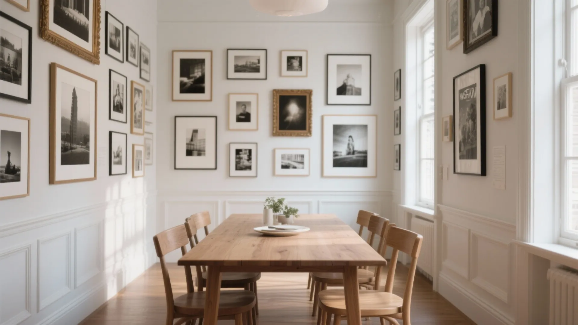 Dining room with gallery wall of framed photos wooden table chairs and white wall panels
