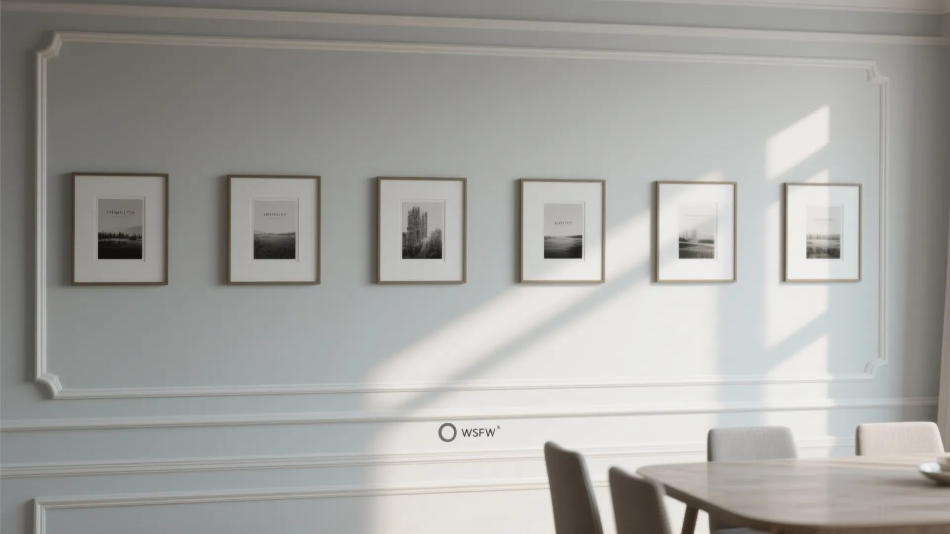 Dining room wall with off-white picture frame mouldings