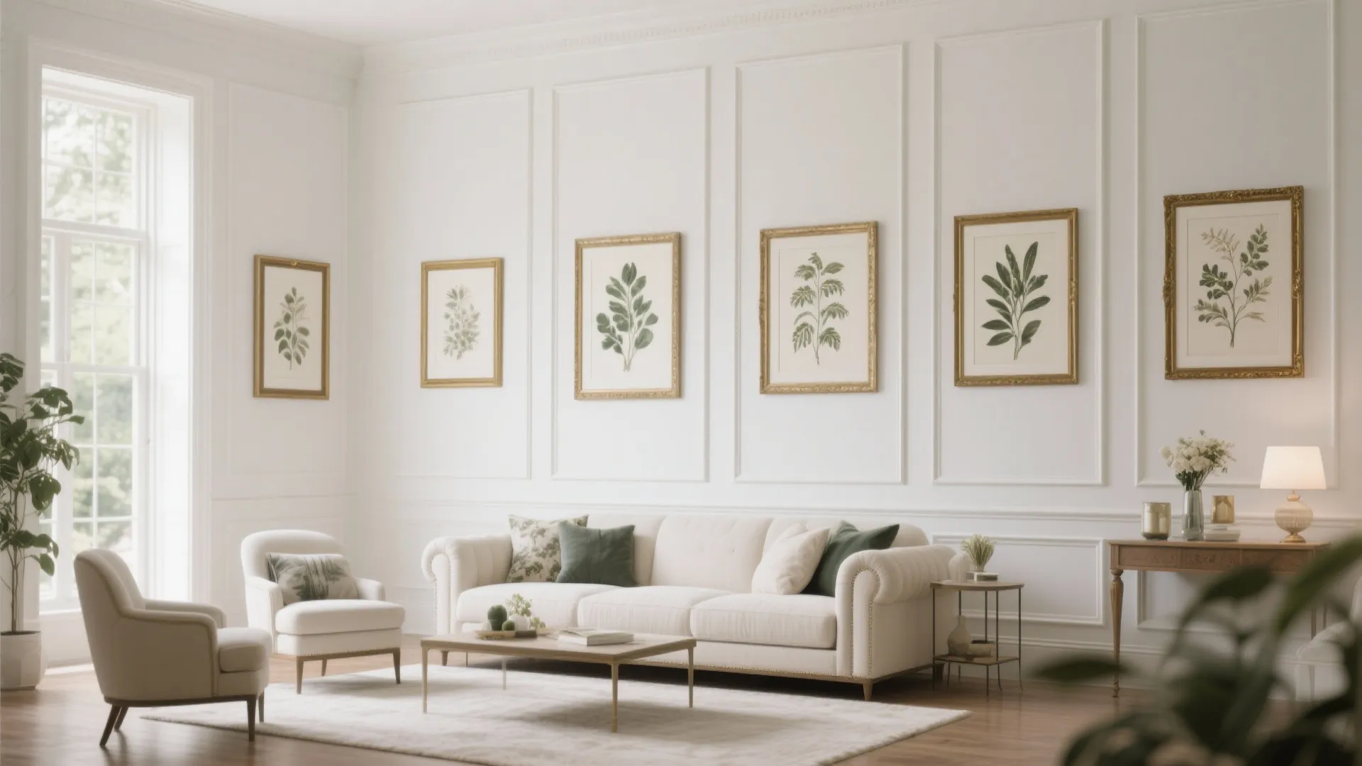 Classic living room featuring white wall panel design with gold framed leaf art and white sofa