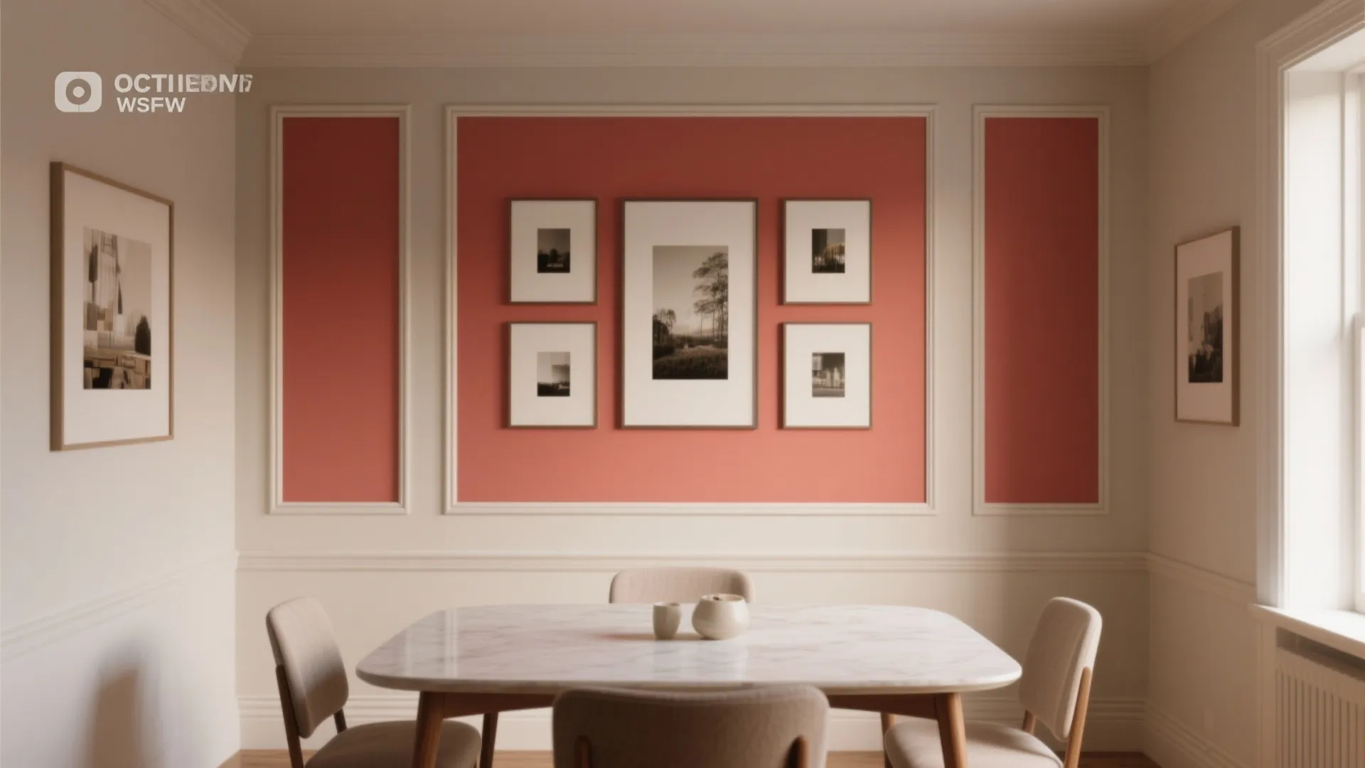 Small dining room with one accent wall detailed with picture-frame moulding panels and contrasting paint.