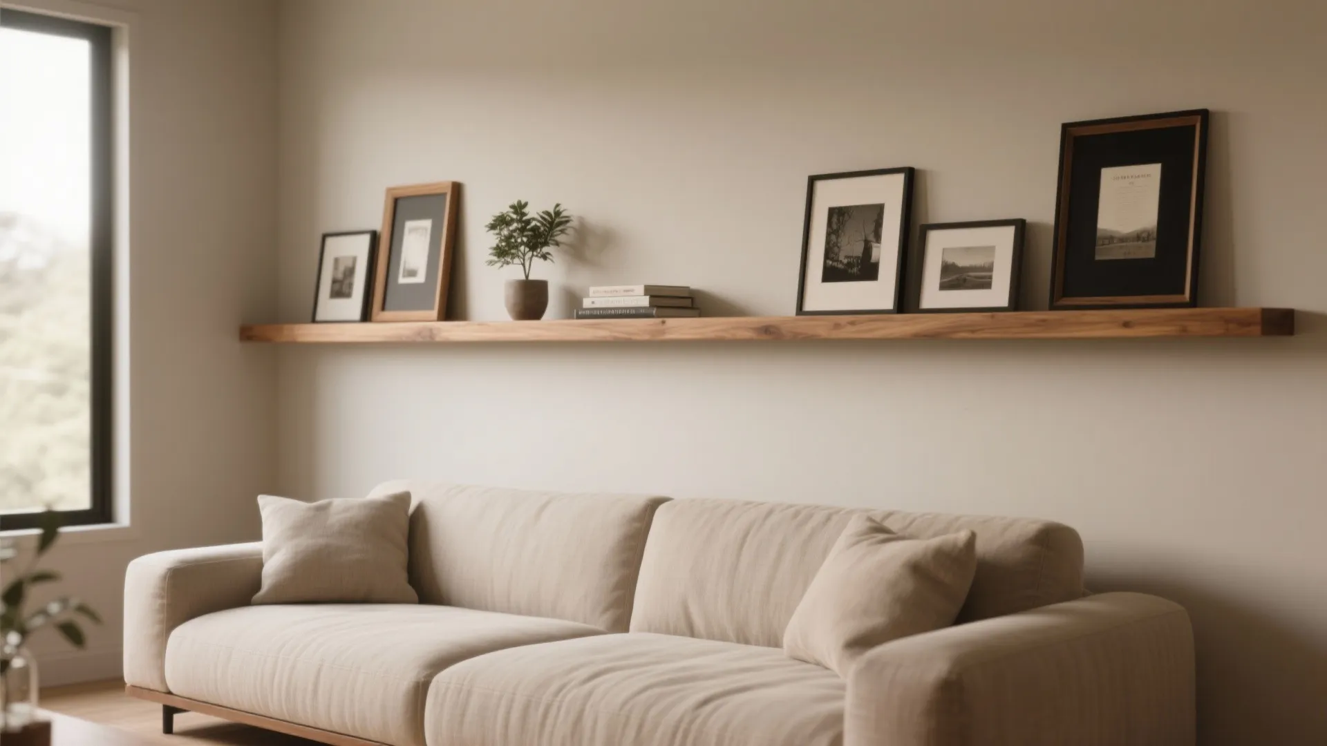 Modern living room with beige sofa and wooden floating shelf displaying several black picture frames