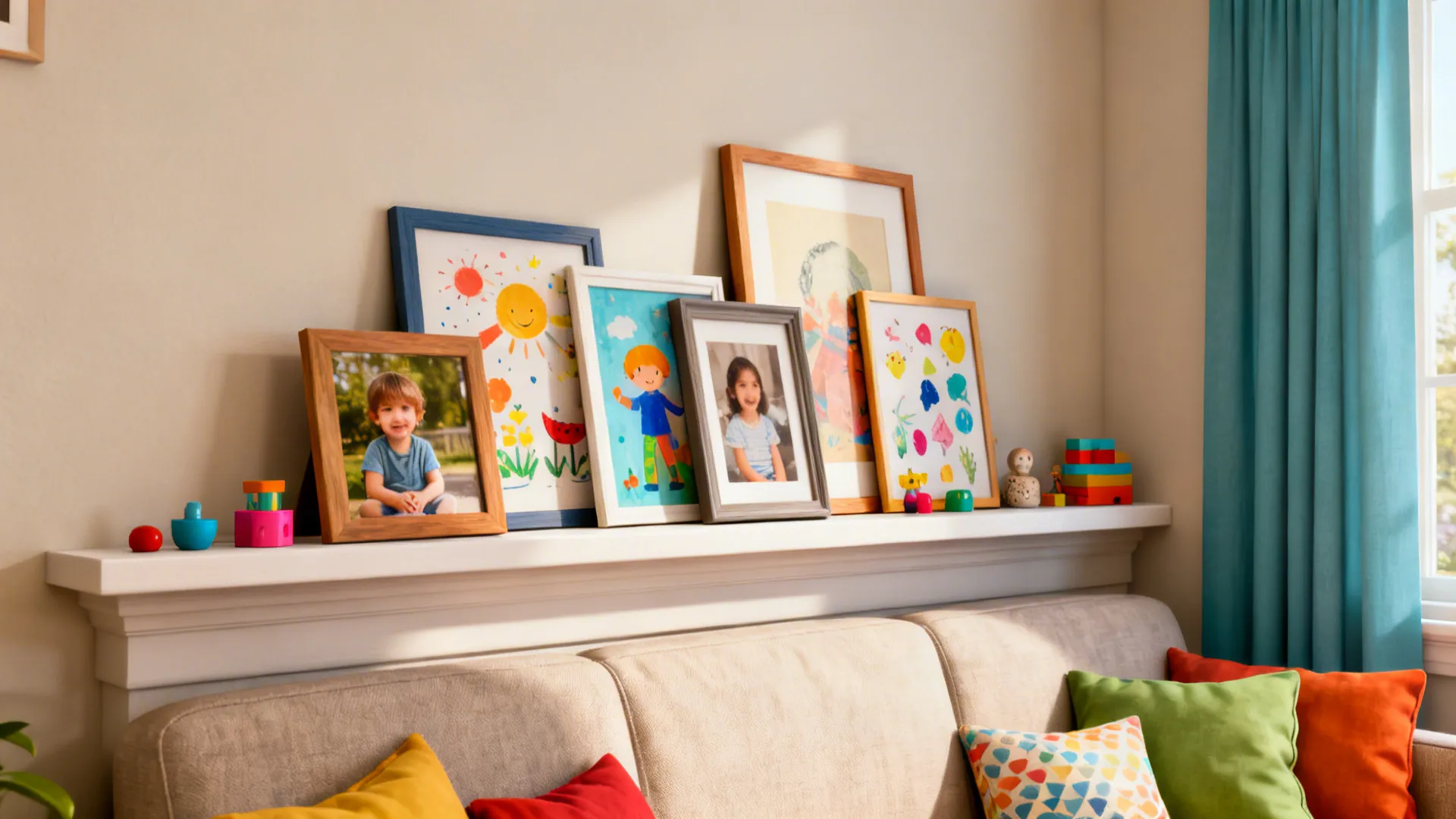 Picture ledge with layered frames and children's art, easy to update and family-friendly.