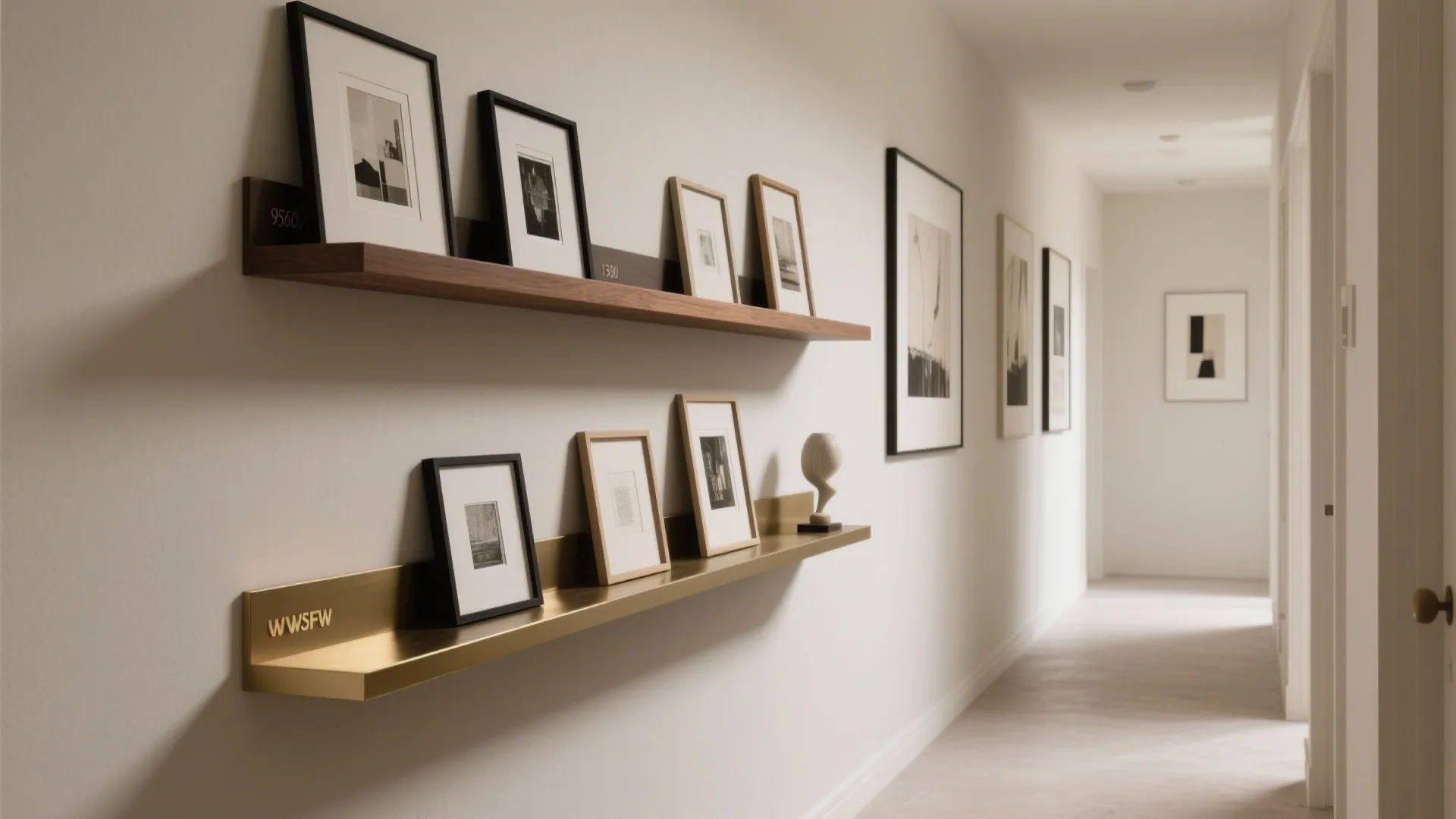 Staggered picture ledges display layered frames and memorabilia in a hallway.
