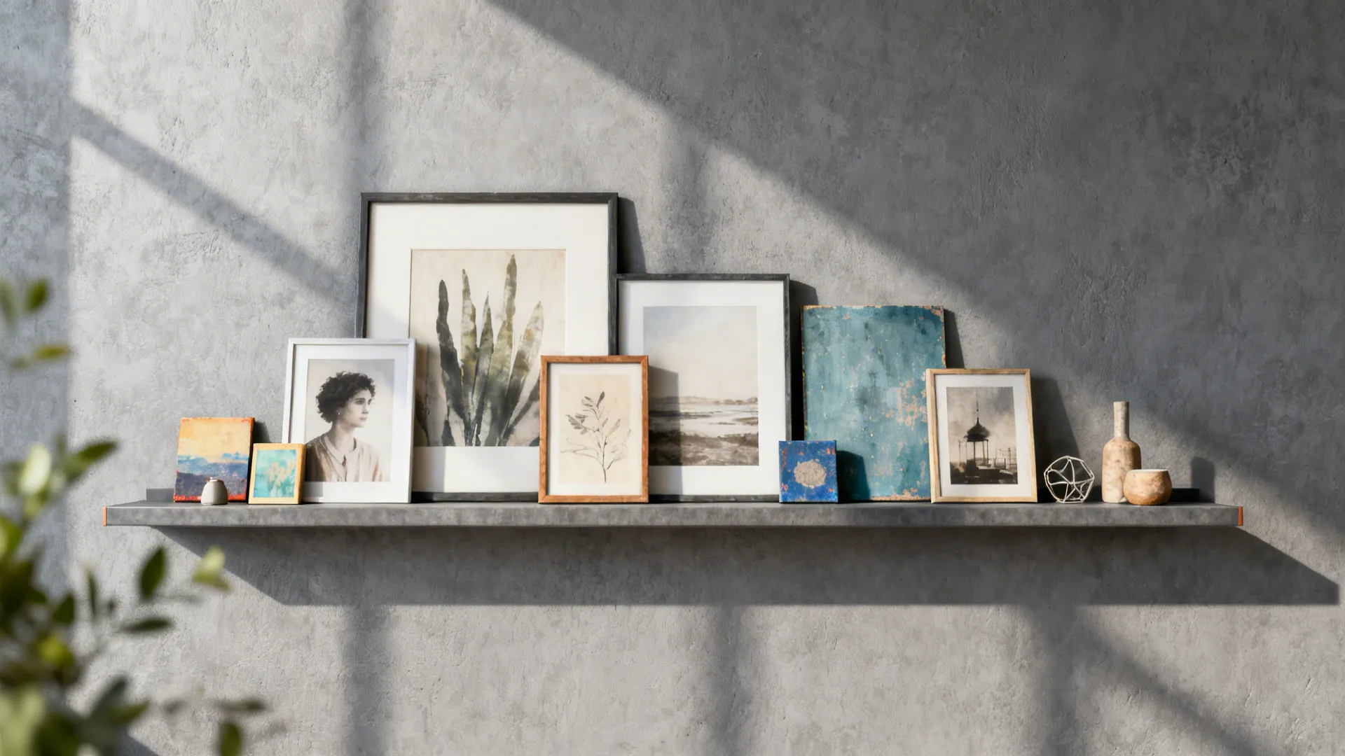 Grey wall with a floating picture ledge layered with frames, small canvases, and objects.