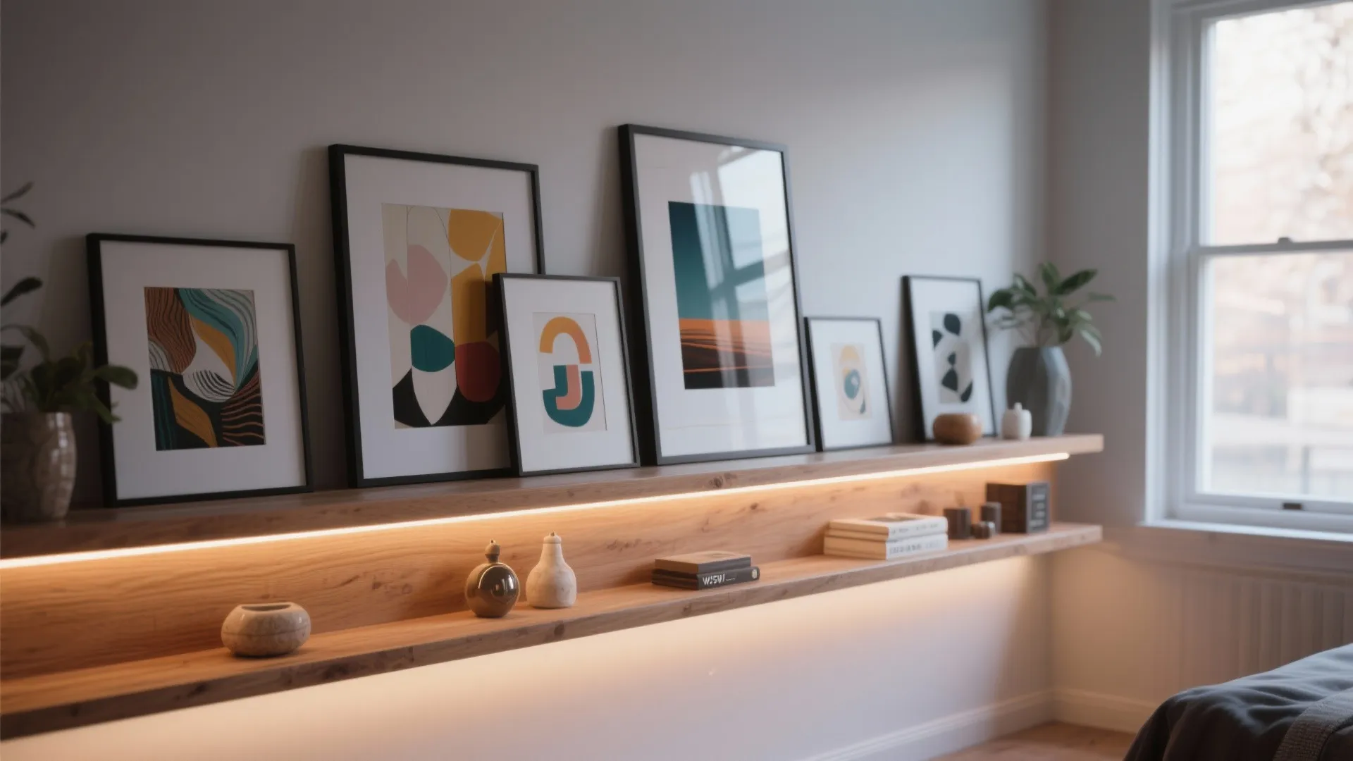 Wooden wall shelf with warm hidden light strip displaying several framed abstract art pieces inside