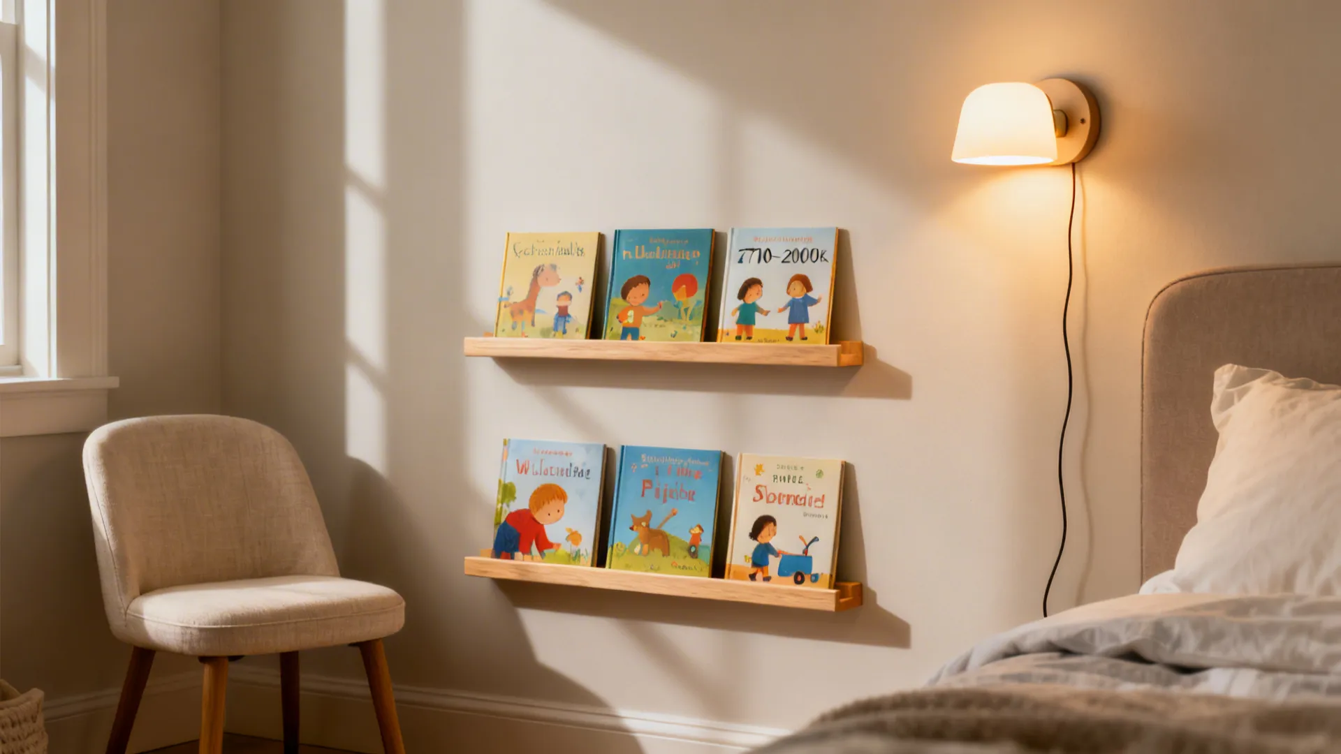 Front-facing book ledges in light oak beneath a warm dimmable sconce, cozy reading nook.