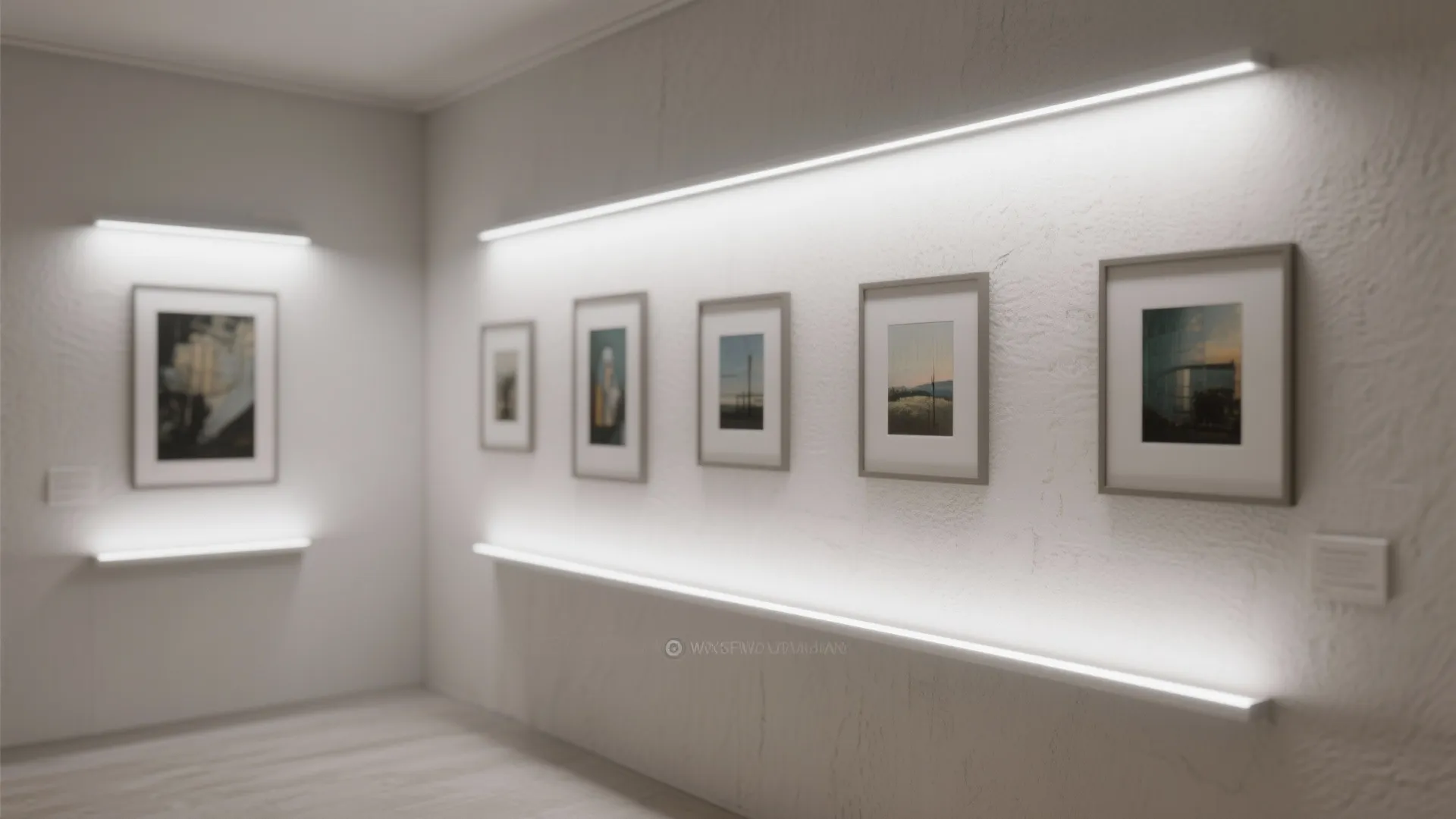 Gallery wall evenly lit by slim LED picture-ledge lights producing a soft, even wash.