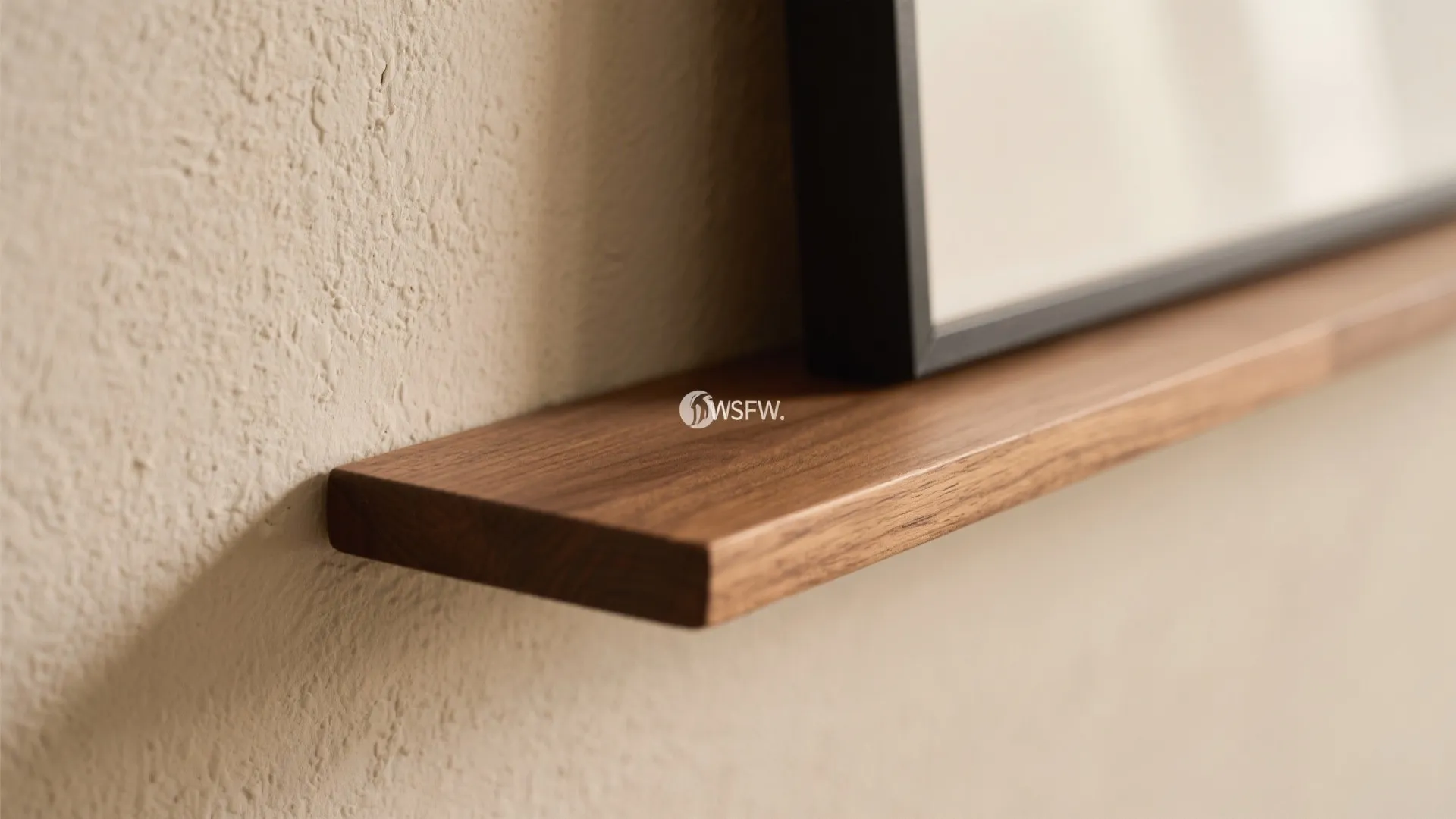 Close up view of a slim wood wall shelf holding a black framed art piece