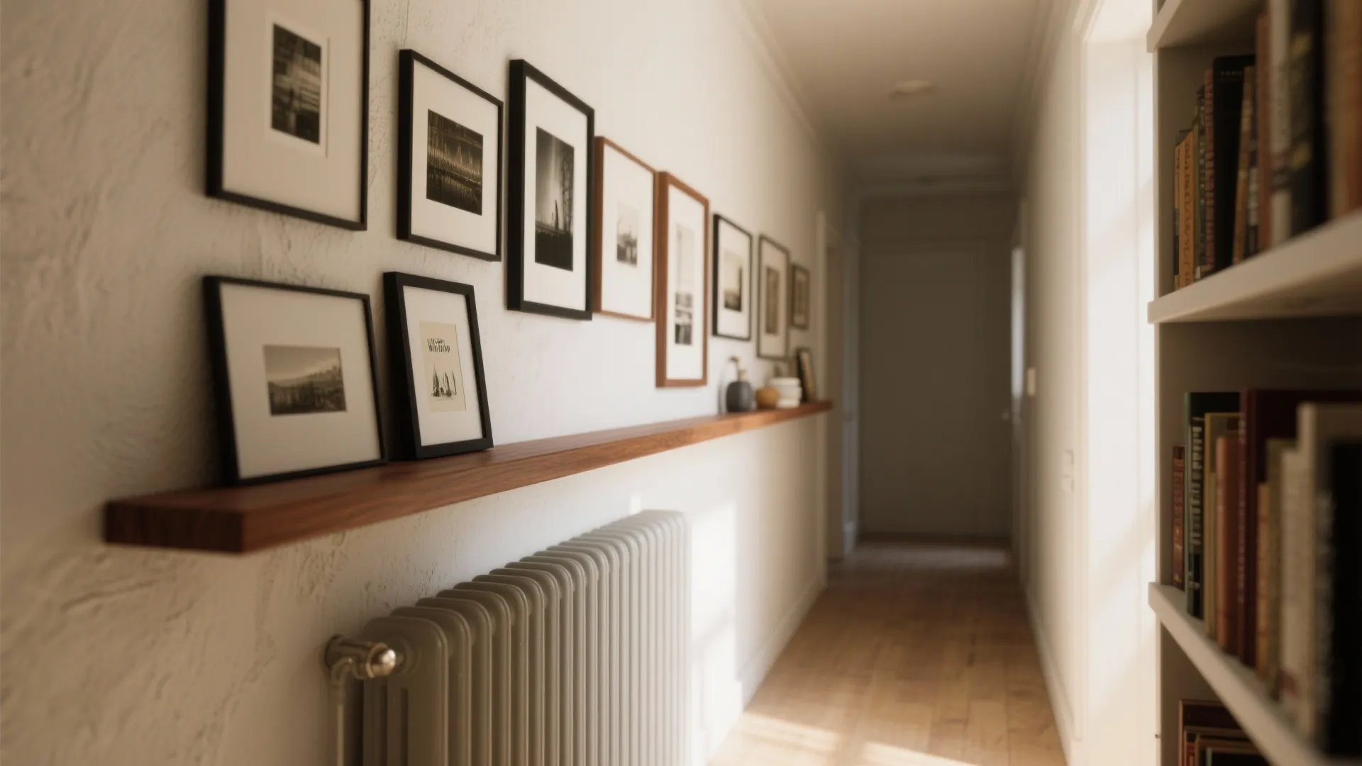 Narrow hallway featuring a long wood wall shelf with framed pictures and a white radiator