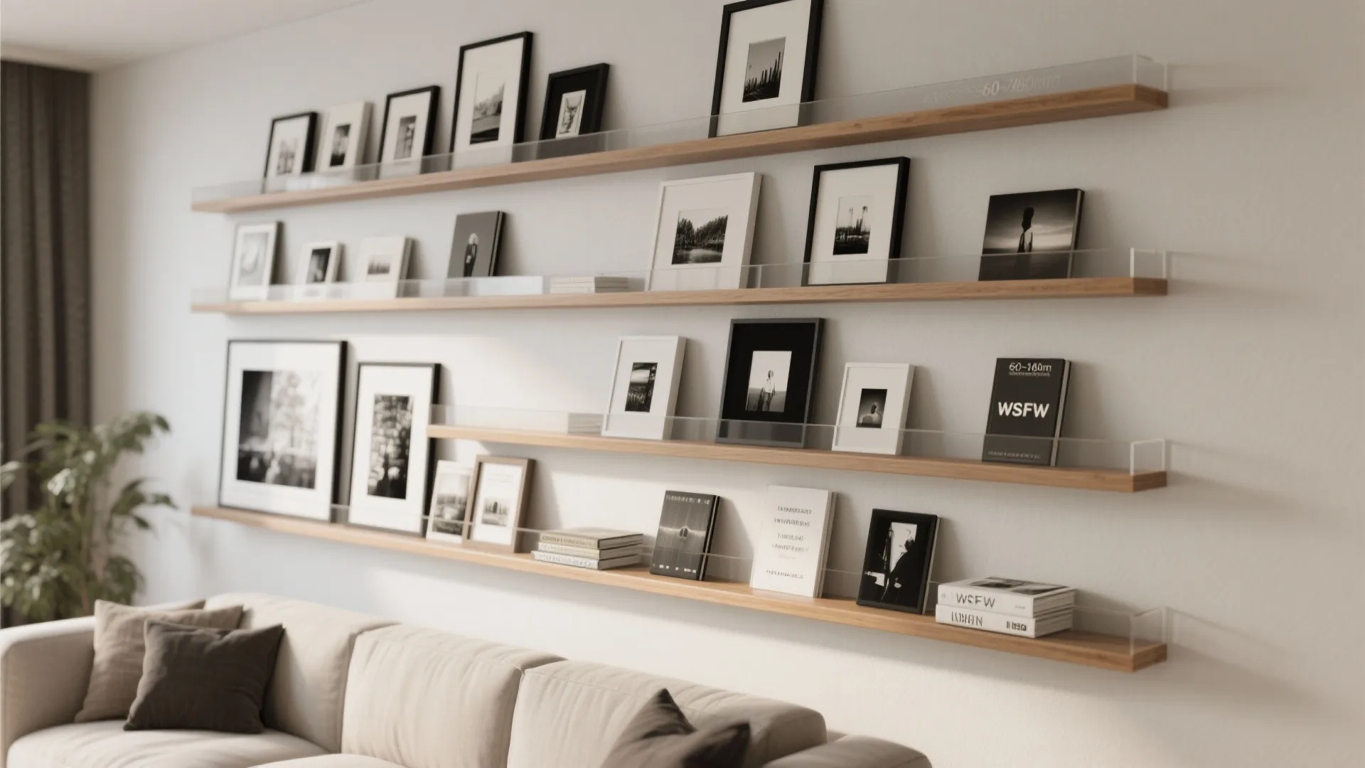 Minimalist living room featuring wooden wall shelves with framed art and books above a grey sofa