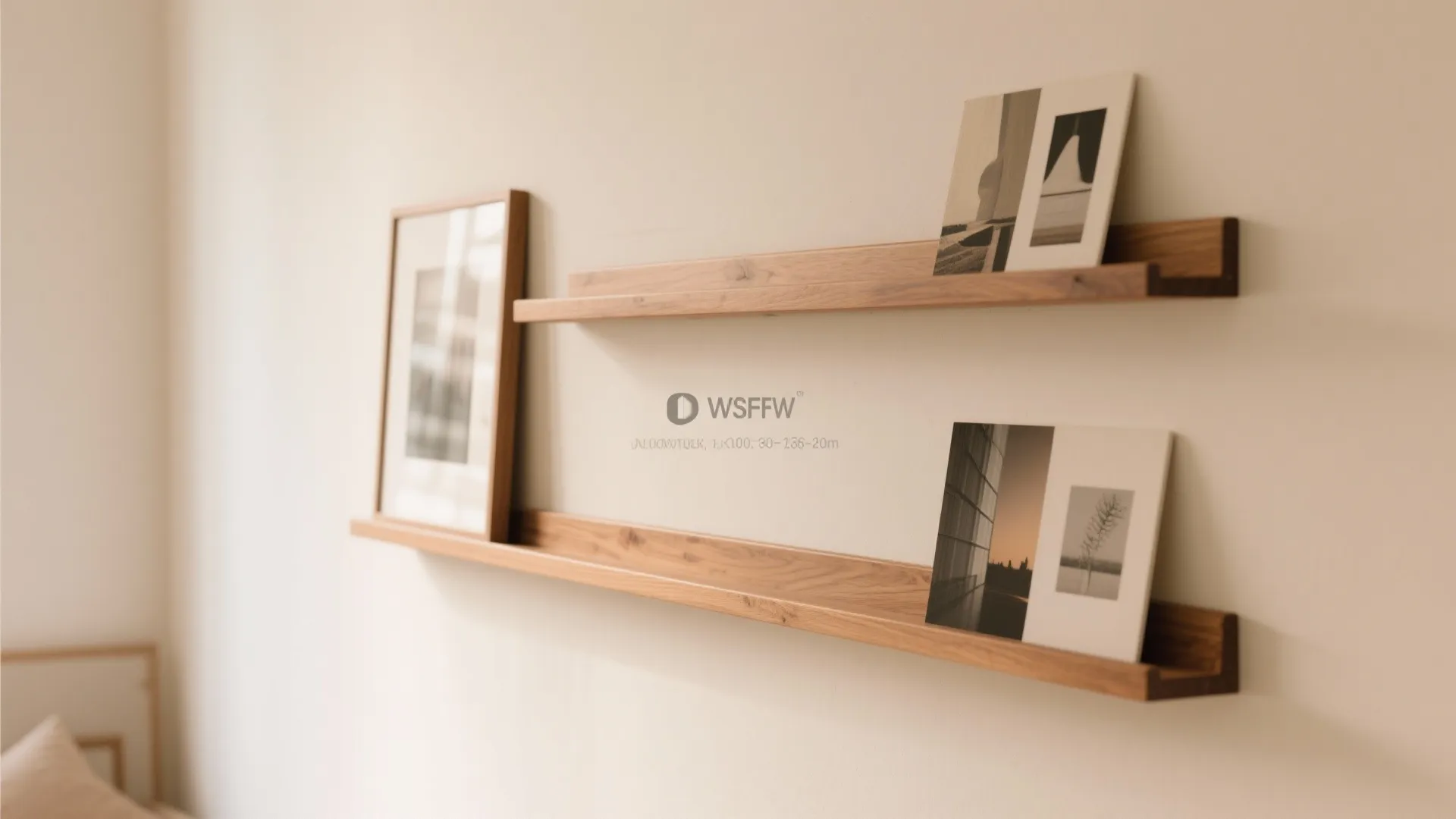 Two warm wood picture ledges display layered prints with negative space on a neutral wall.