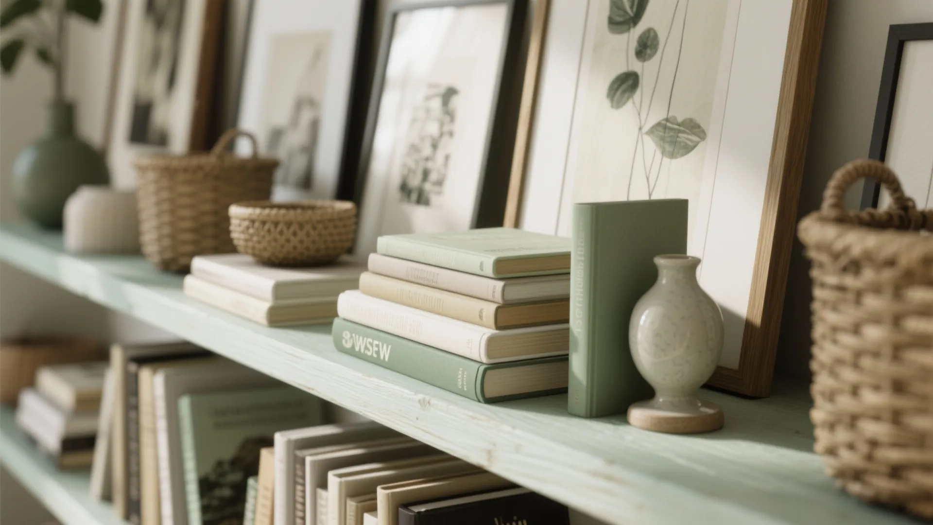 Close-up of staggered picture ledges with layered books, framed art, bookends and baskets, showing texture and styling.