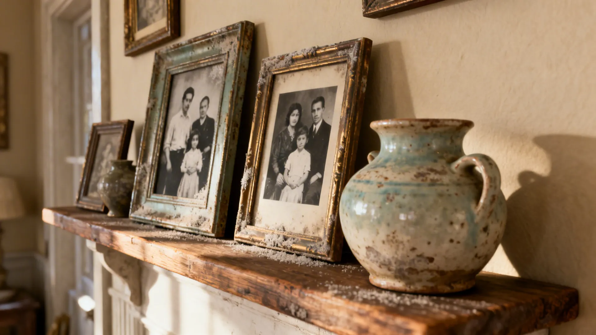 Shallow picture ledges with vintage frames, black-and-white photos and weathered ceramics.
