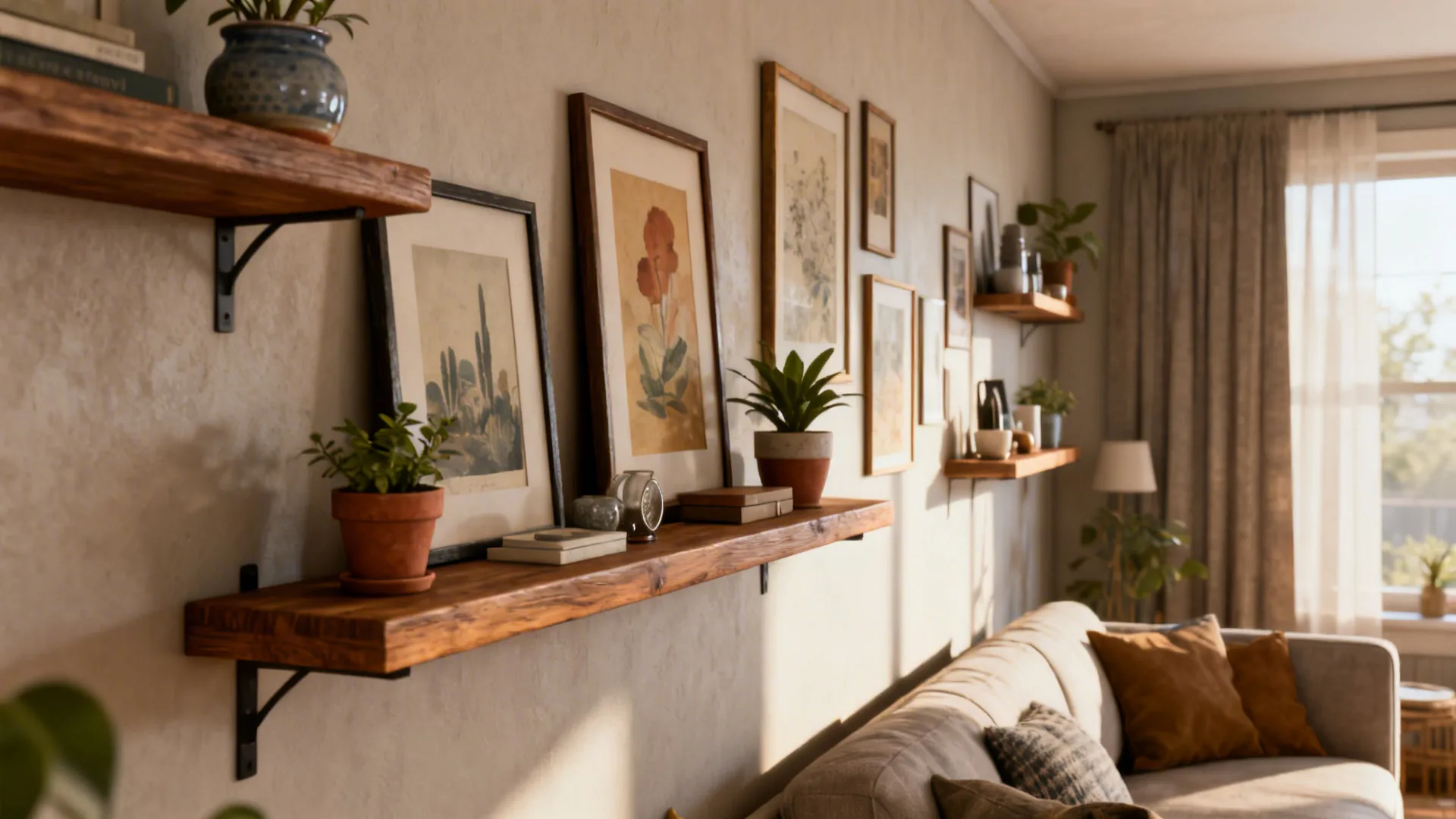 Picture ledges with framed prints and plants offering flexible, renter-friendly wall decor