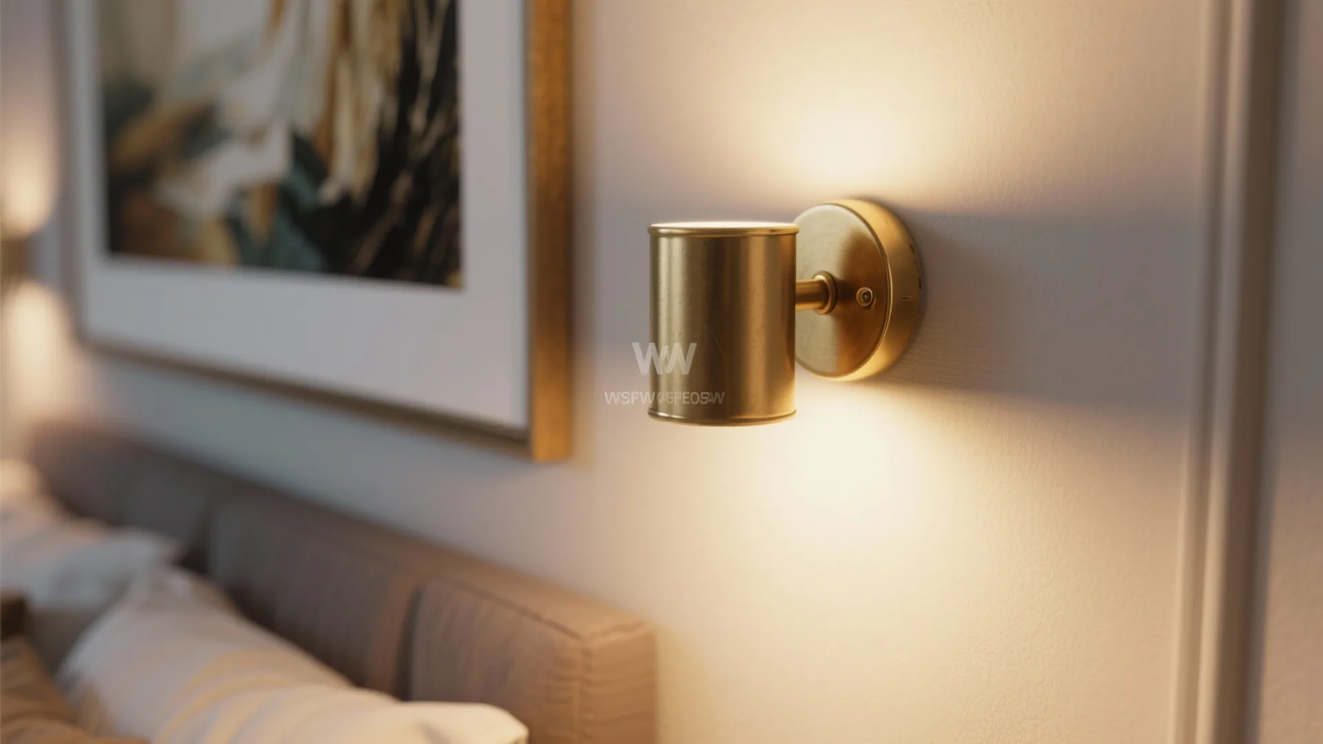 Modern gold wall light mounted on a white wall above a bed with grey headboard