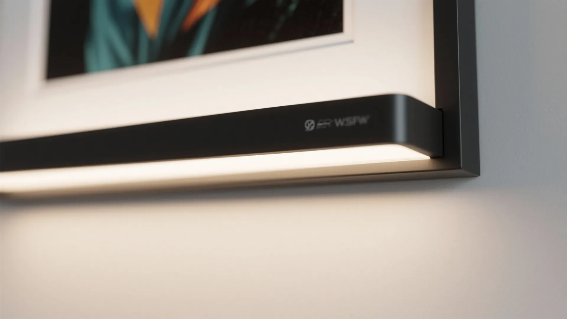 Close up of a black slim light fixture mounted above a framed art piece wall