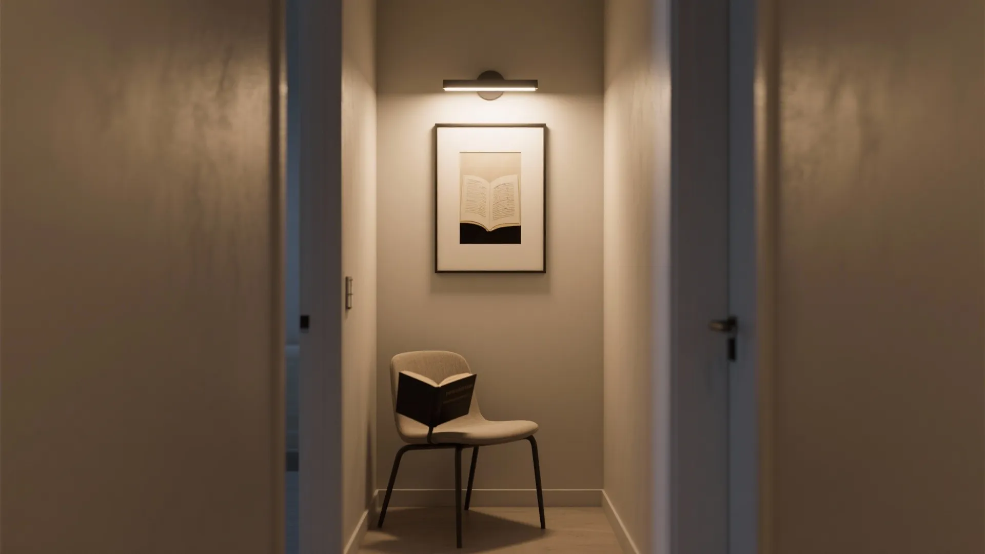 Minimalist LED picture light over framed art next to a narrow reading chair