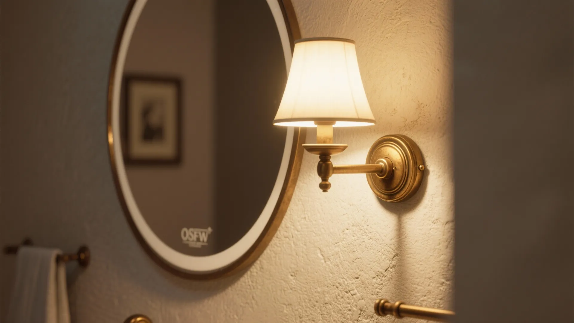 Classic brass wall light next to a round mirror on a textured white bathroom wall