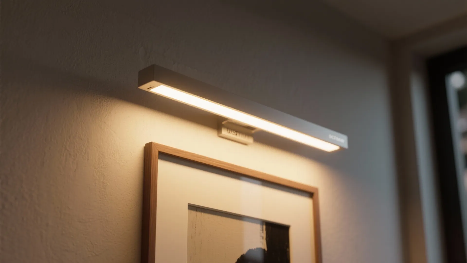 Slim picture light casting warm glow over framed artwork on a narrow wall