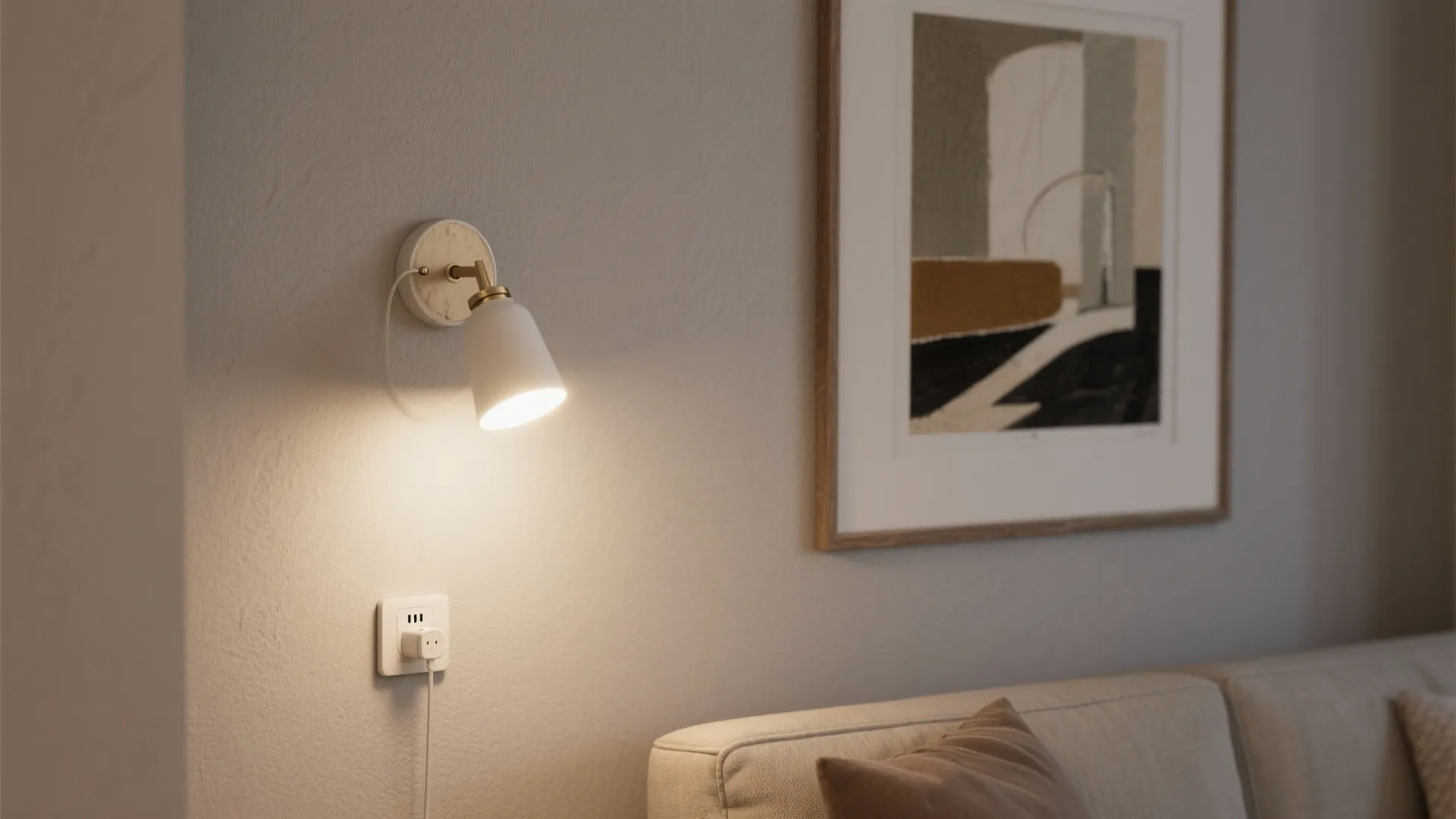 Framed artwork highlighted by a decorative plug-in picture light on a neutral wall