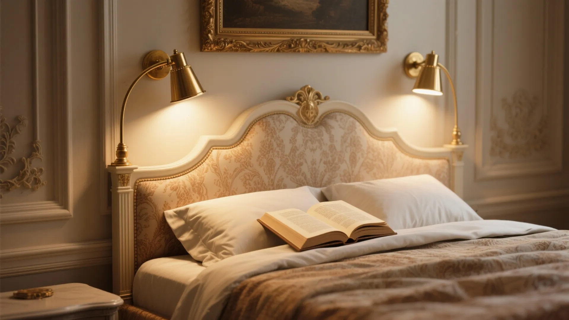 Classic bedroom with gold wall lights above a decorative headboard and an open book on bed