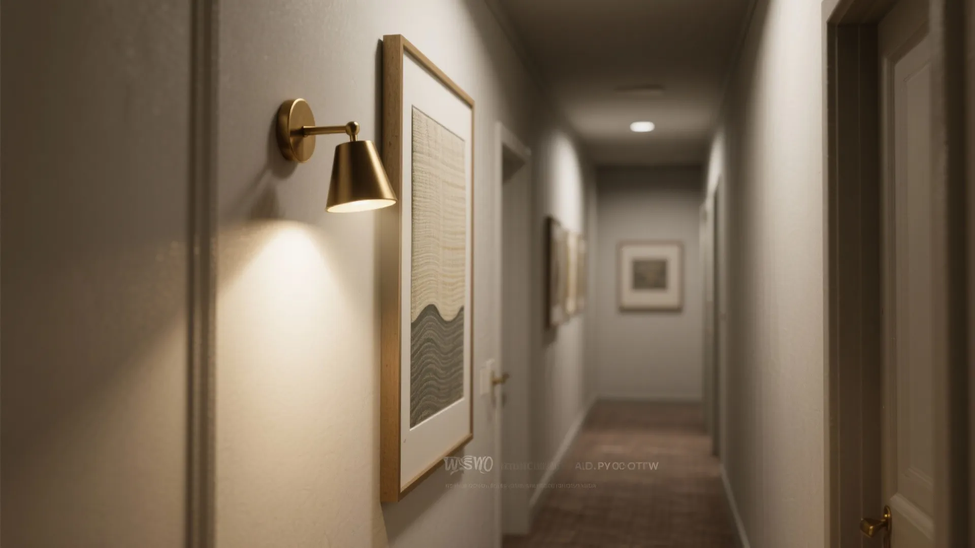 Narrow corridor with a brass picture light spotlighting framed art at a gentle angle.