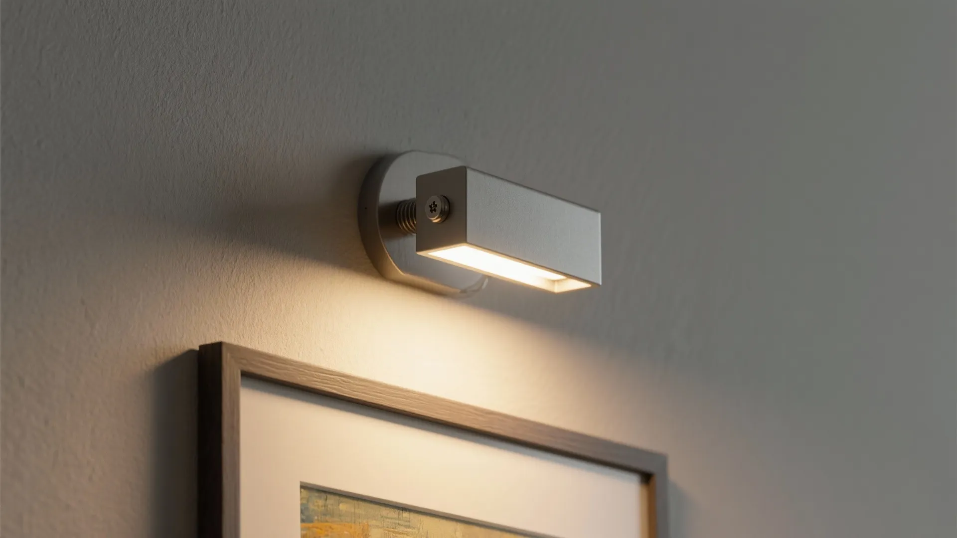 Modern silver metal wall light fixture illuminating a framed picture on a plain grey wall