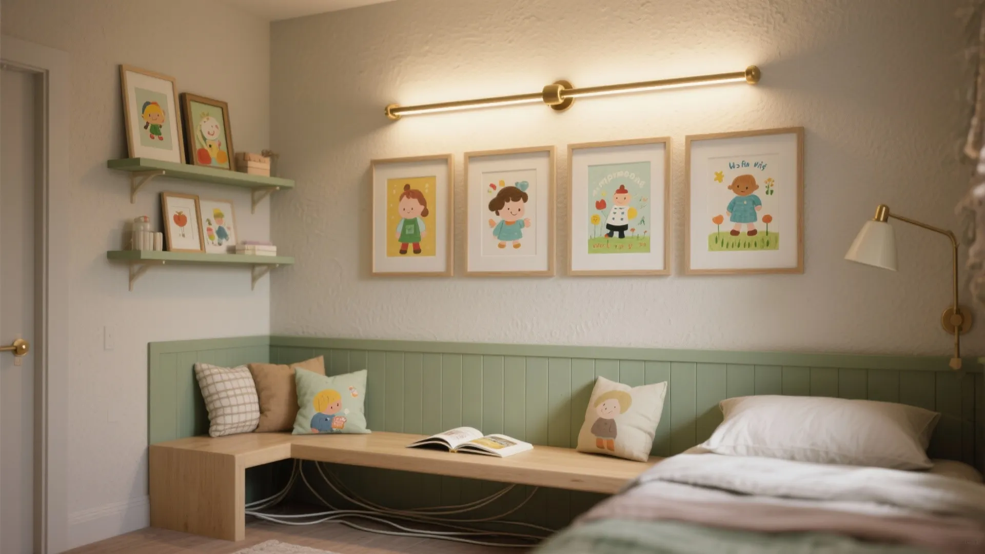 Kids bedroom gallery wall with framed art under long gold light fixture and green wall panel