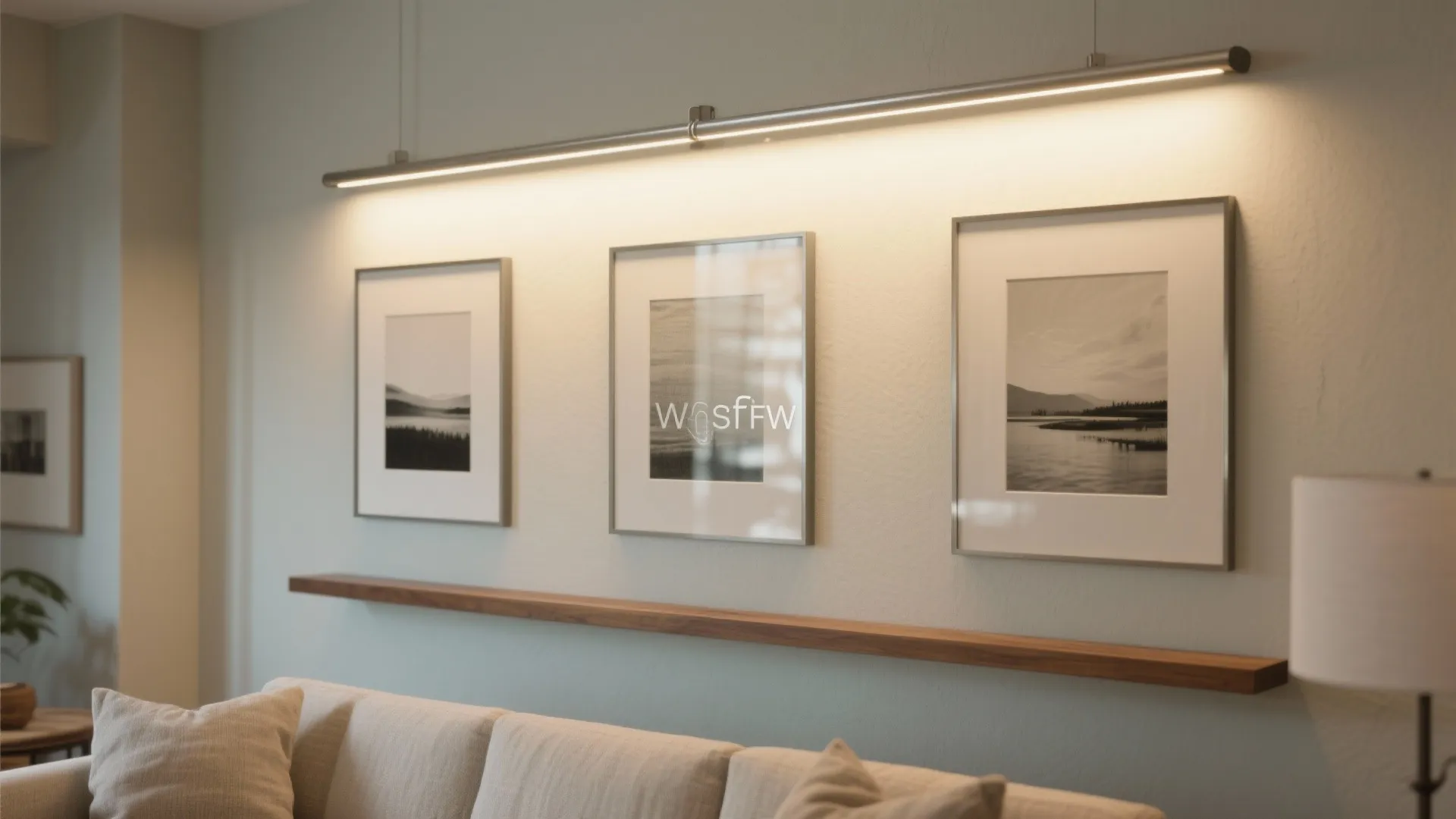 Gallery wall with three frames lit by a low-profile picture light at a 30-degree angle.