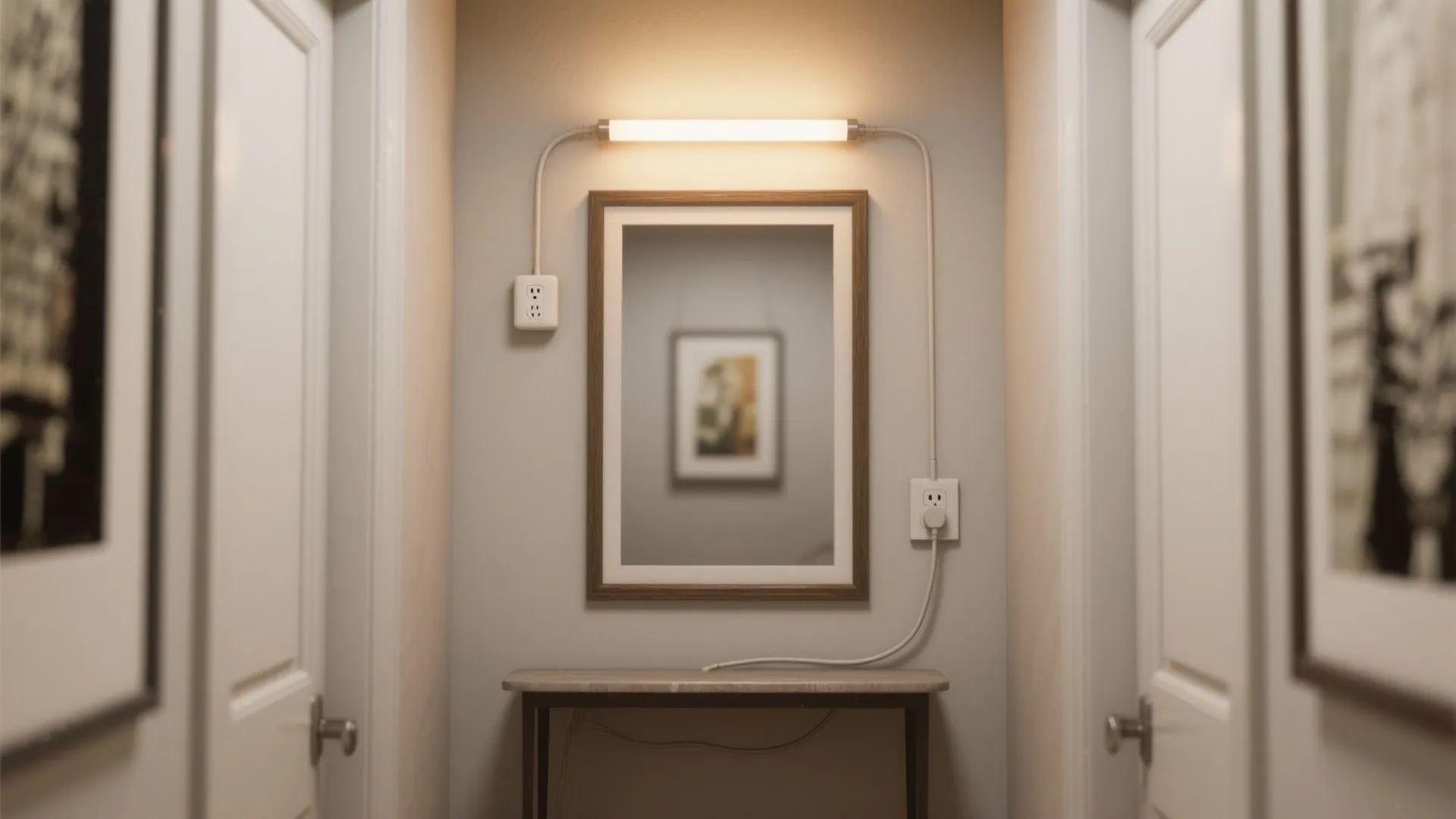 Hallway with plug-in picture light illuminating framed art and tidy cord routing