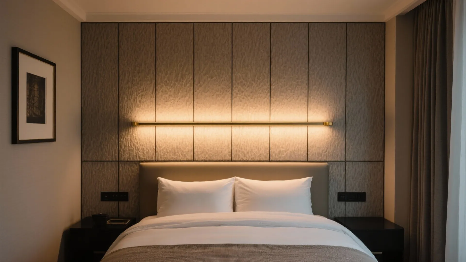 Picture light above a headboard washing a textured wall with a soft, even glow.