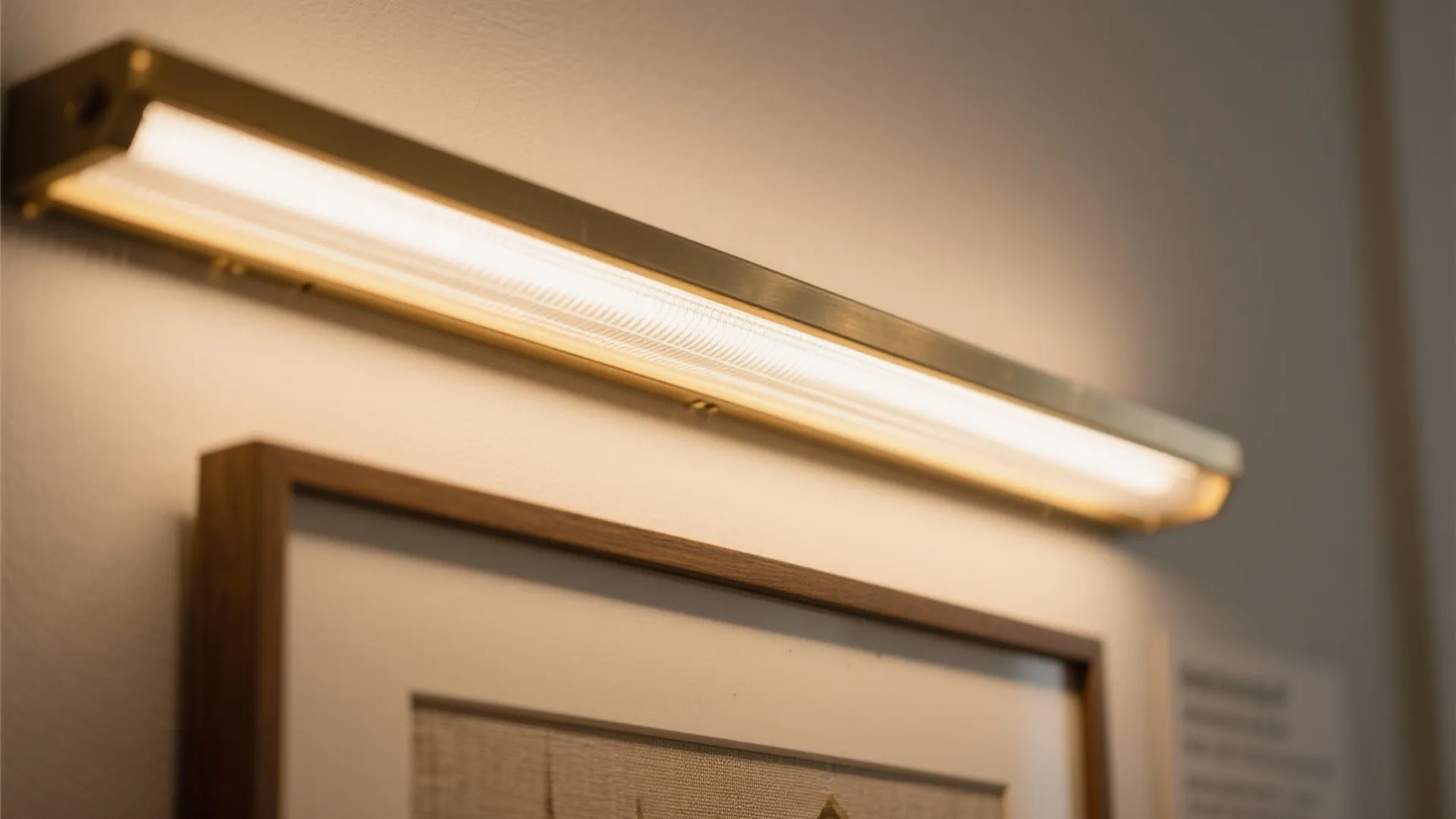 Close up view of a long horizontal wall light fixture shining over a framed picture frame