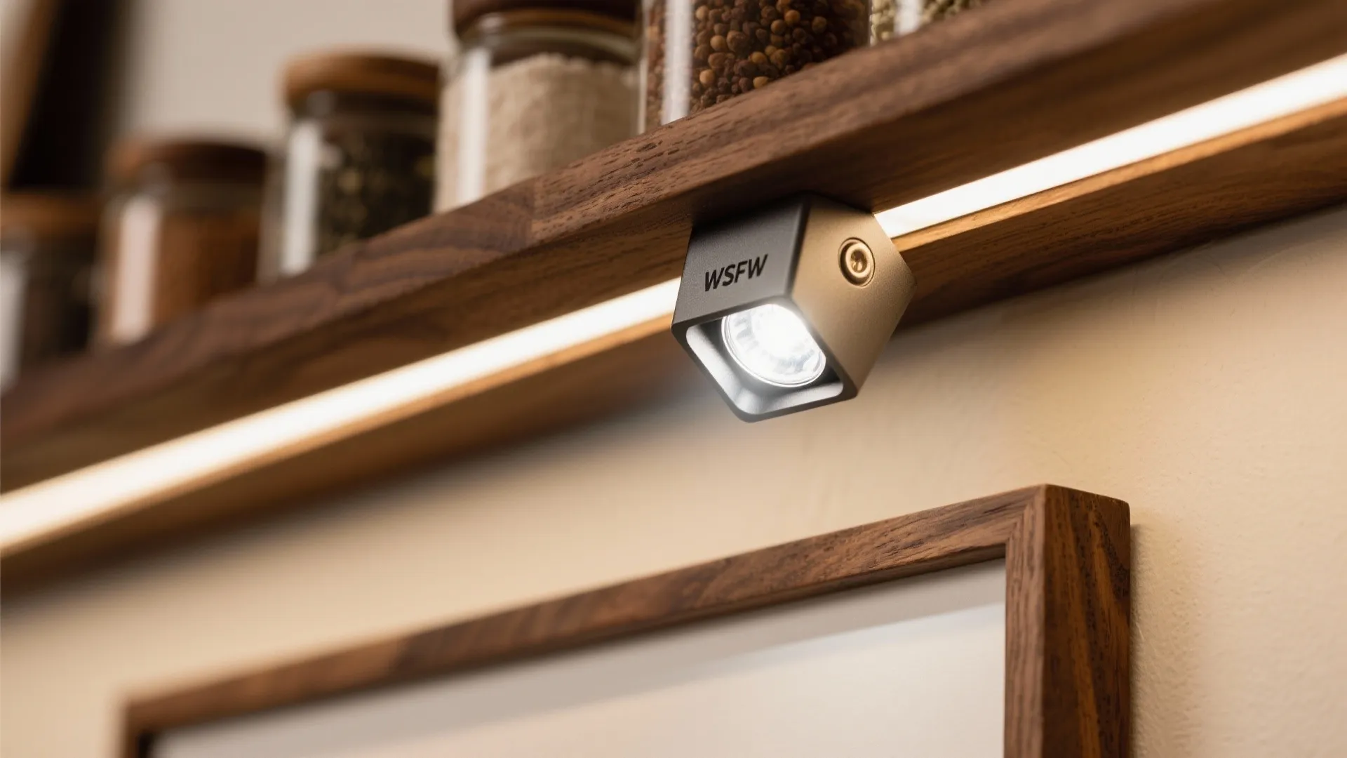Close up of a small silver light fixture installed under a dark wooden kitchen shelf
