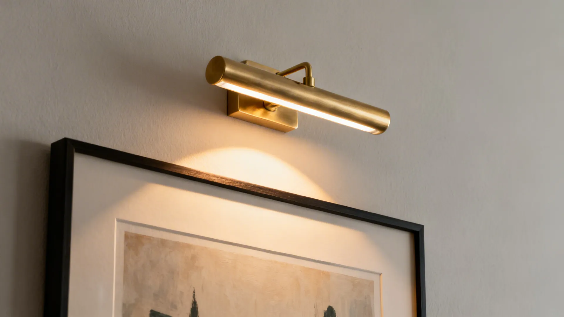 Macro of a brass picture light casting a warm beam onto framed artwork.