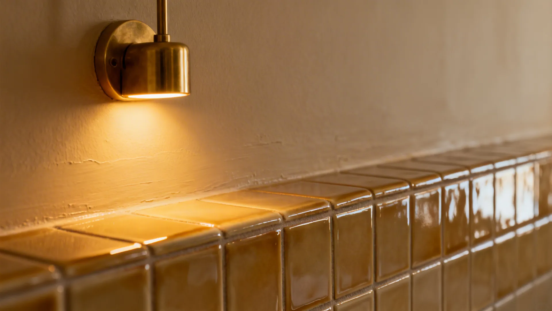 Close-up of a brass picture light illuminating a tile-backed ledge and satin-painted wall.