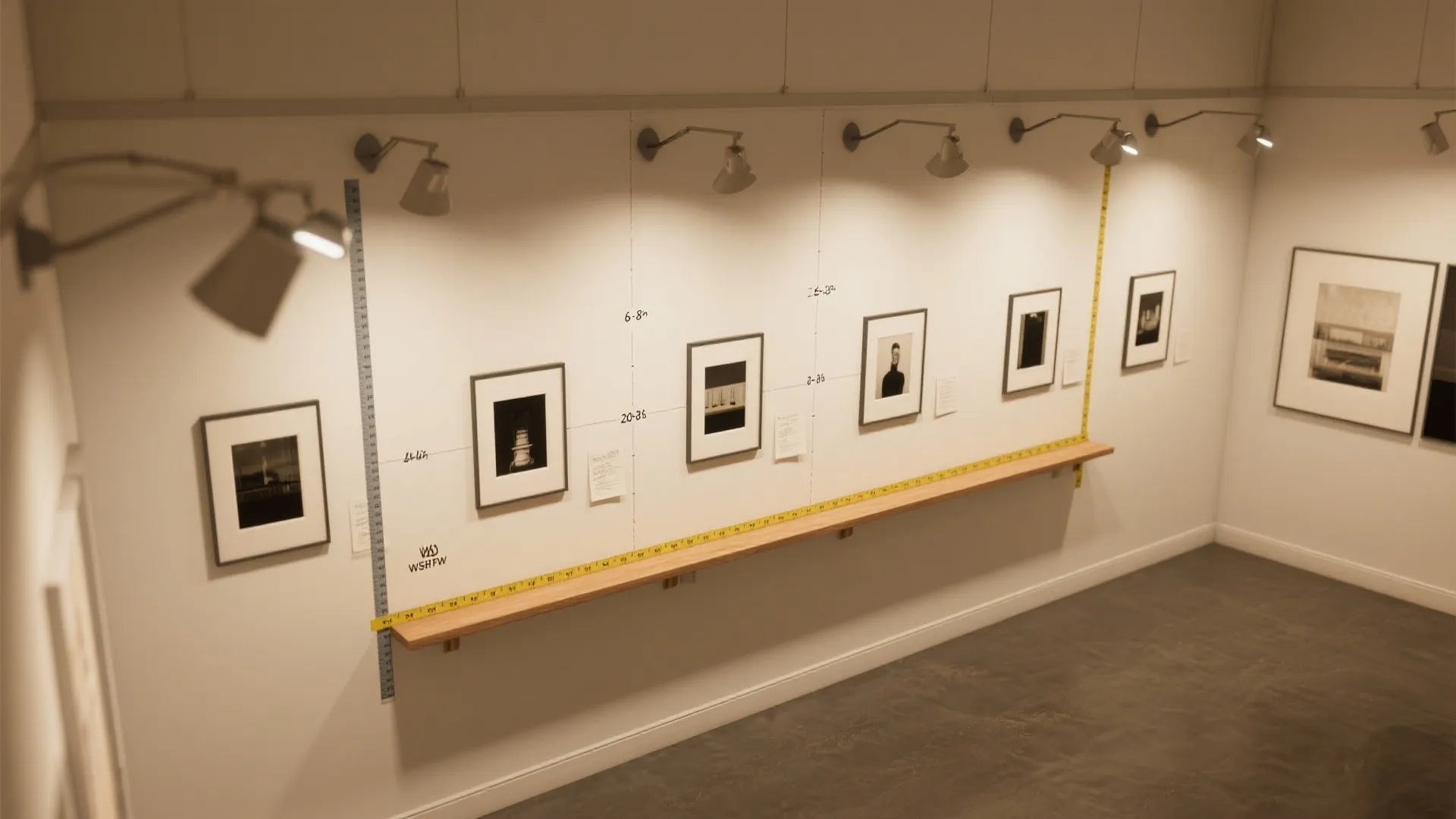 Painted metal picture lights over art and shelving