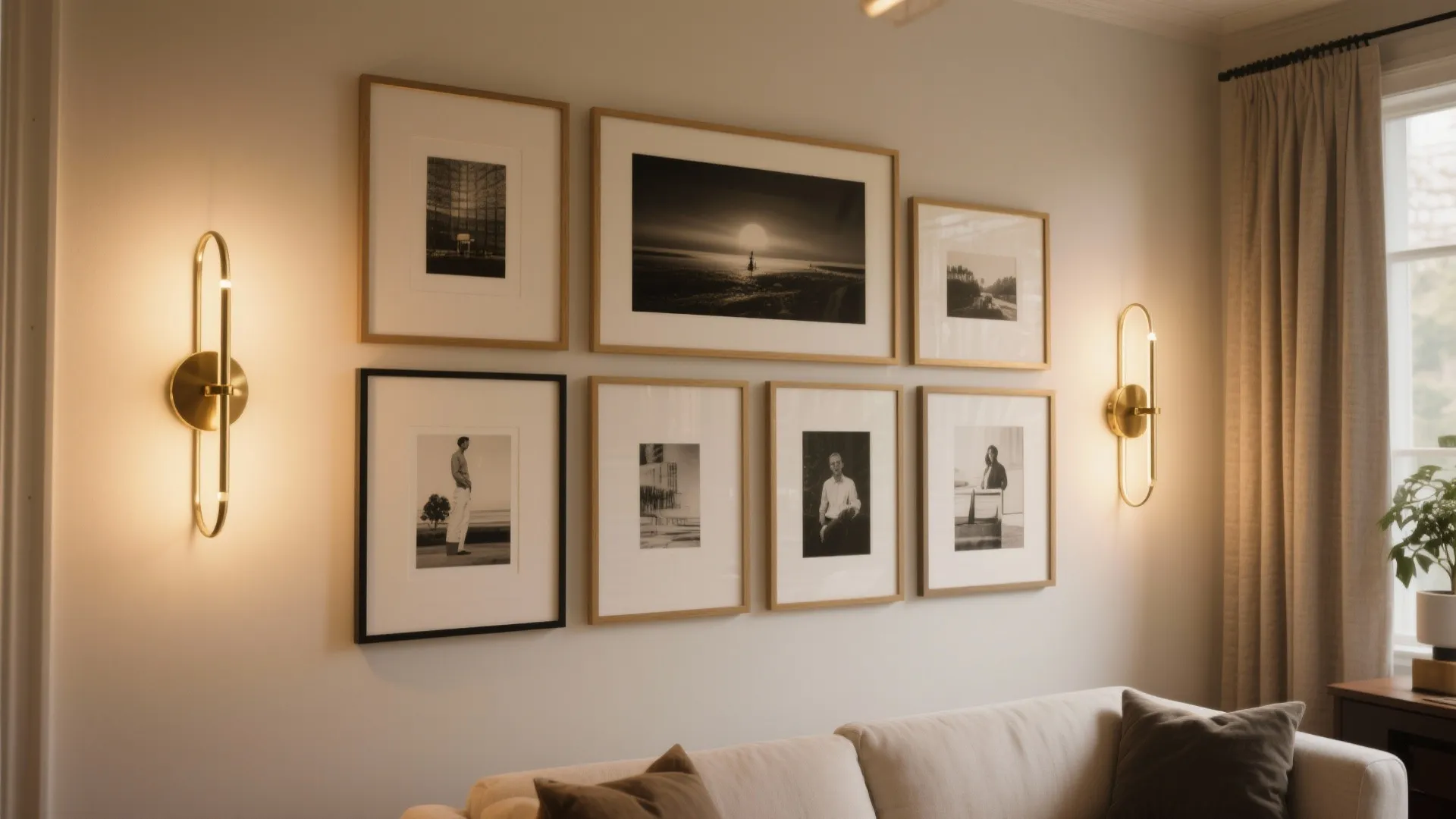 Picture light sconces illuminating gallery wall art