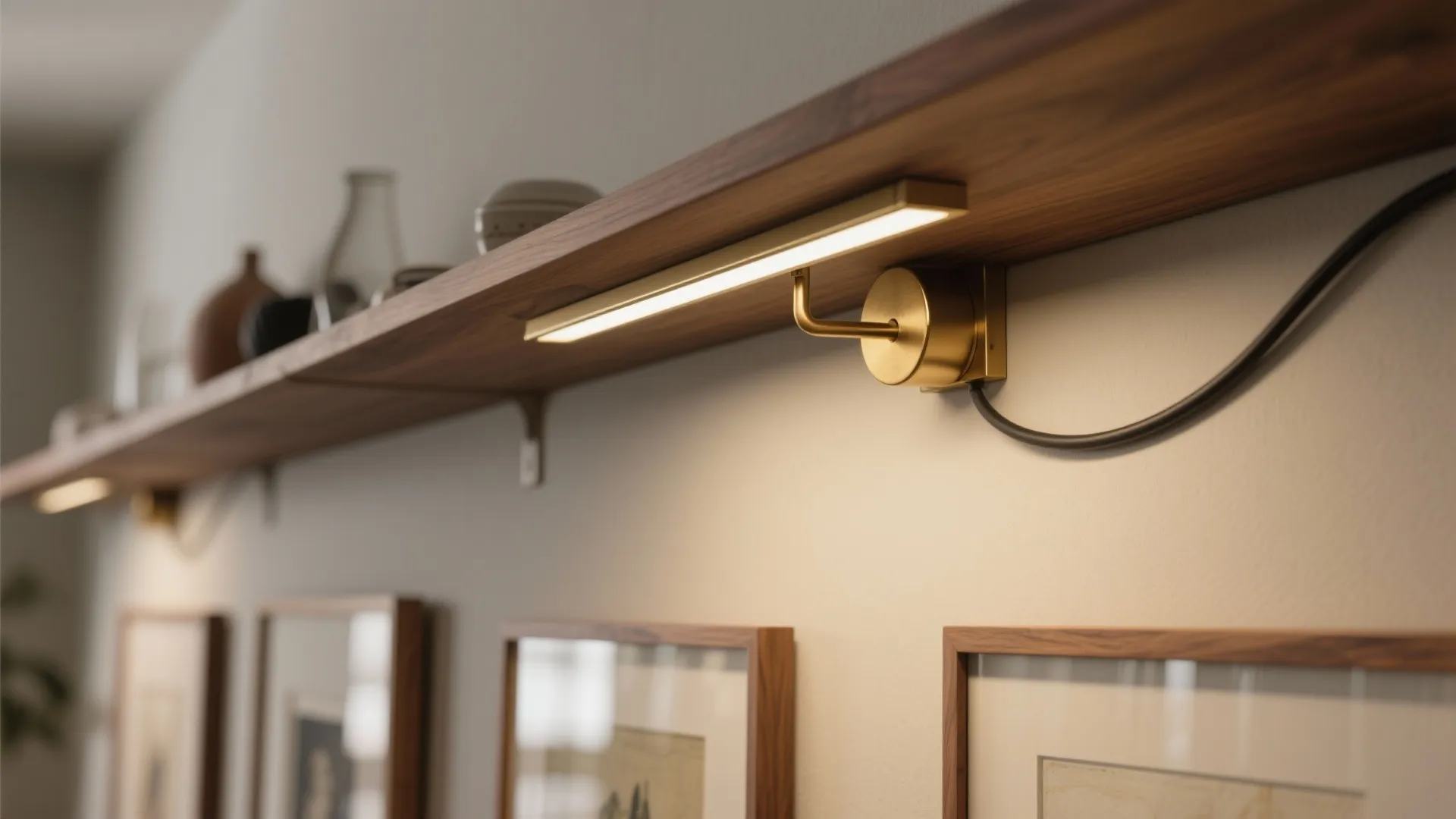 Brass LED picture light above an oak shelf softly illuminates framed art.