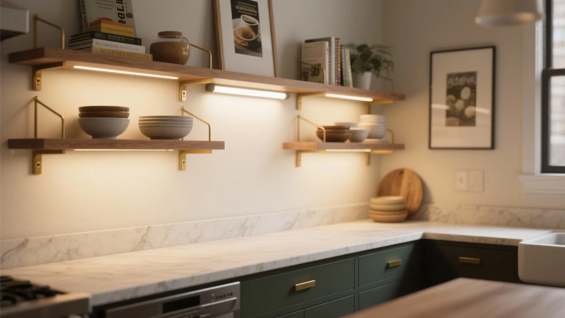 5) Picture lights over open shelves