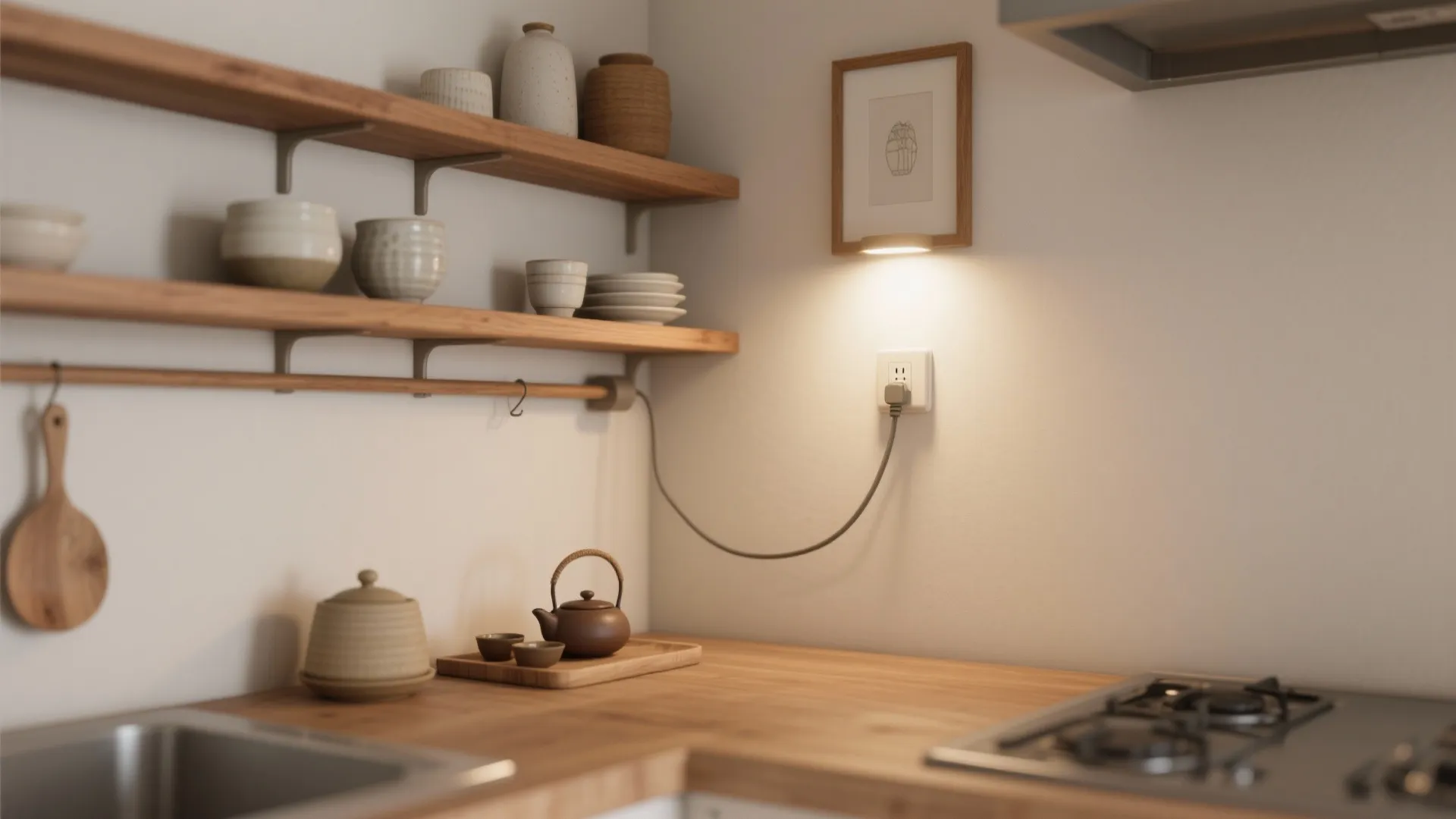 Kitchen counter with wooden shelves and a small light fixture highlighting a framed wall picture