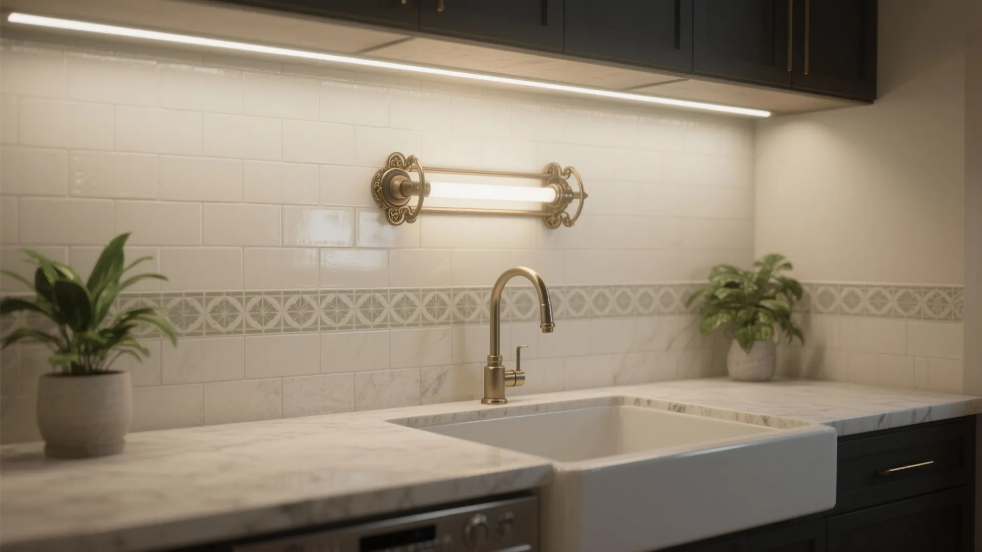 Horizontal picture-light style fixture above a kitchen sink washing a tiled backsplash evenly
