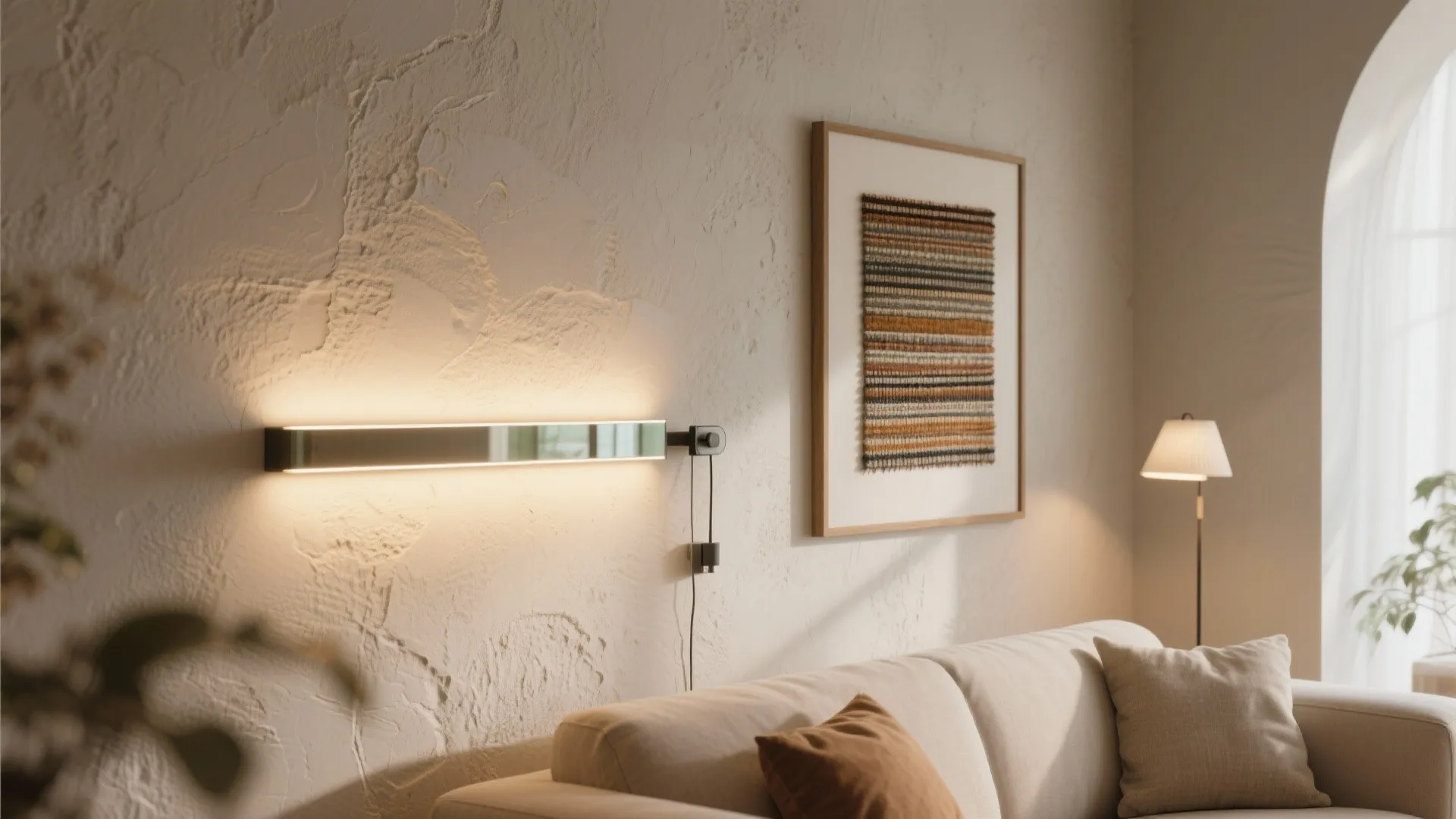 Modern living room with a wall light over a beige sofa and a framed picture
