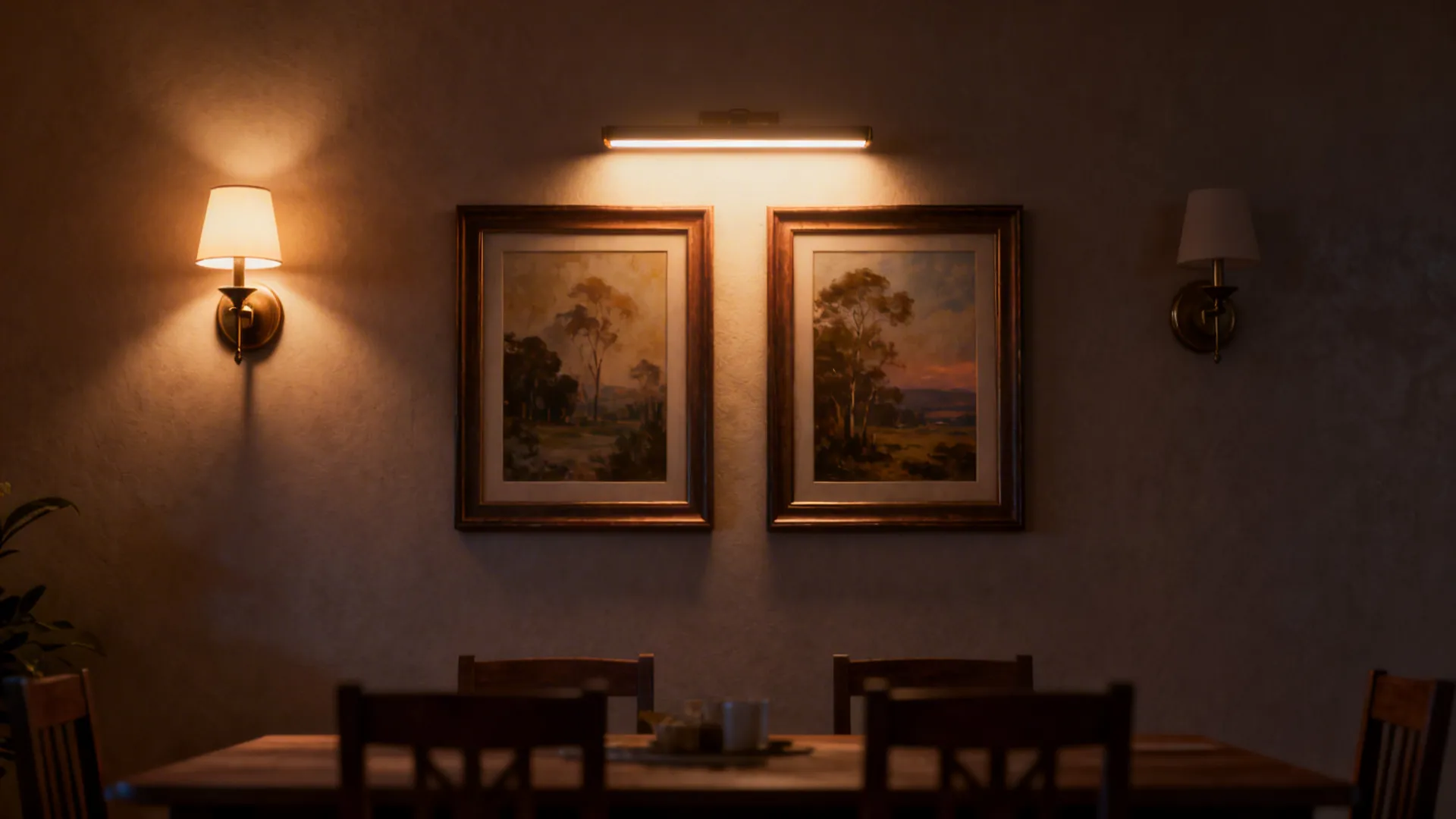 Adjustable picture light and sconce illuminating framed art above a dining table, showing layered lighting.