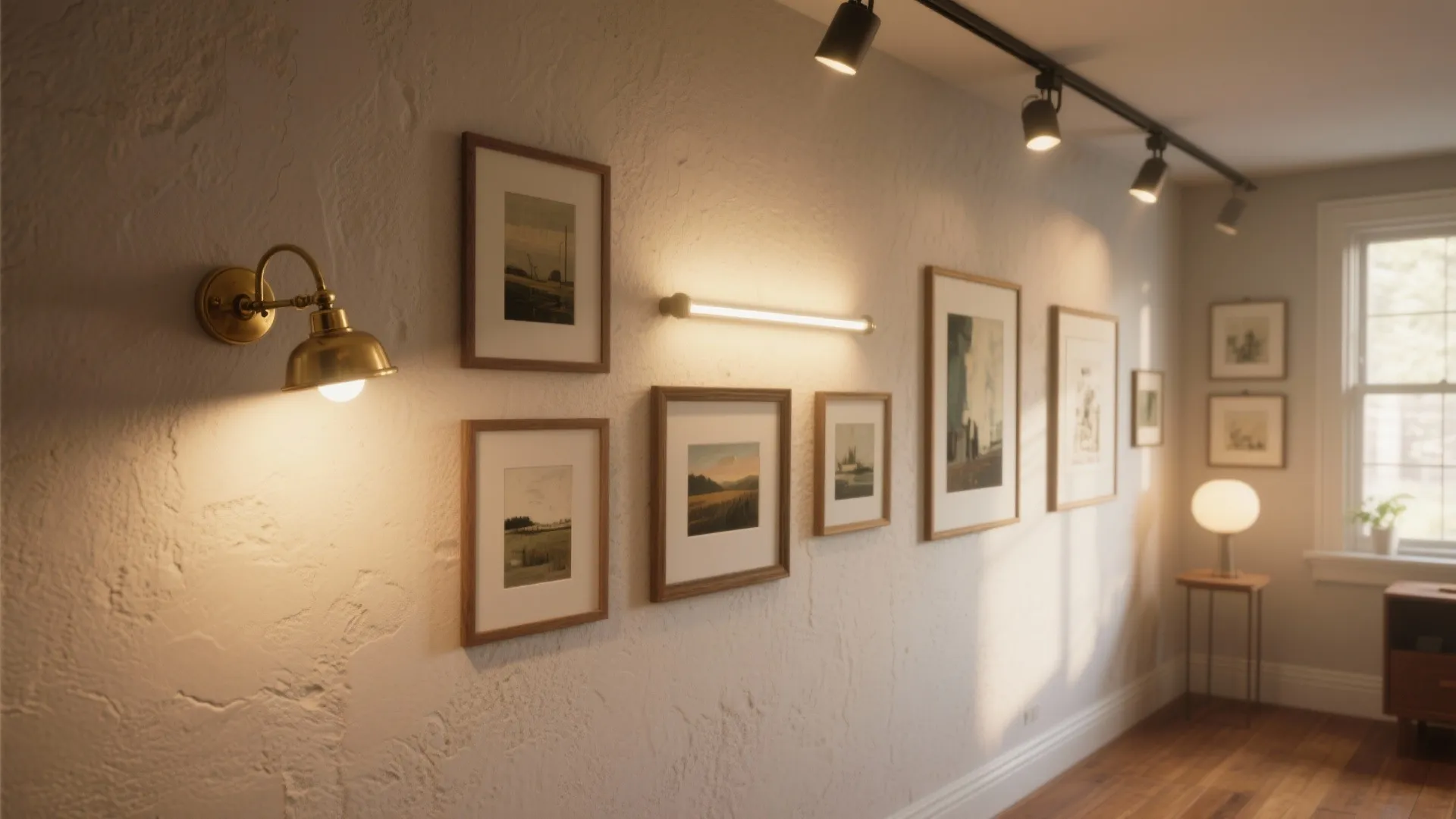 Gallery wall with various picture frames illuminated by gold wall light and ceiling track lighting