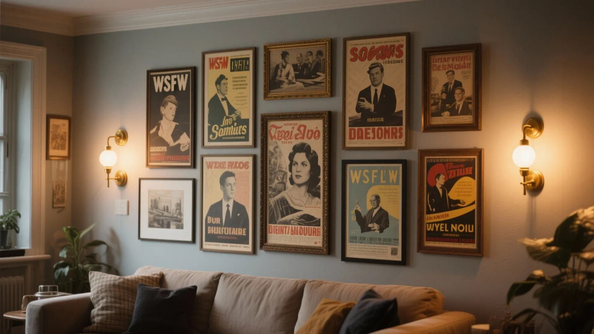Gallery wall of vintage posters lit by brass picture lights