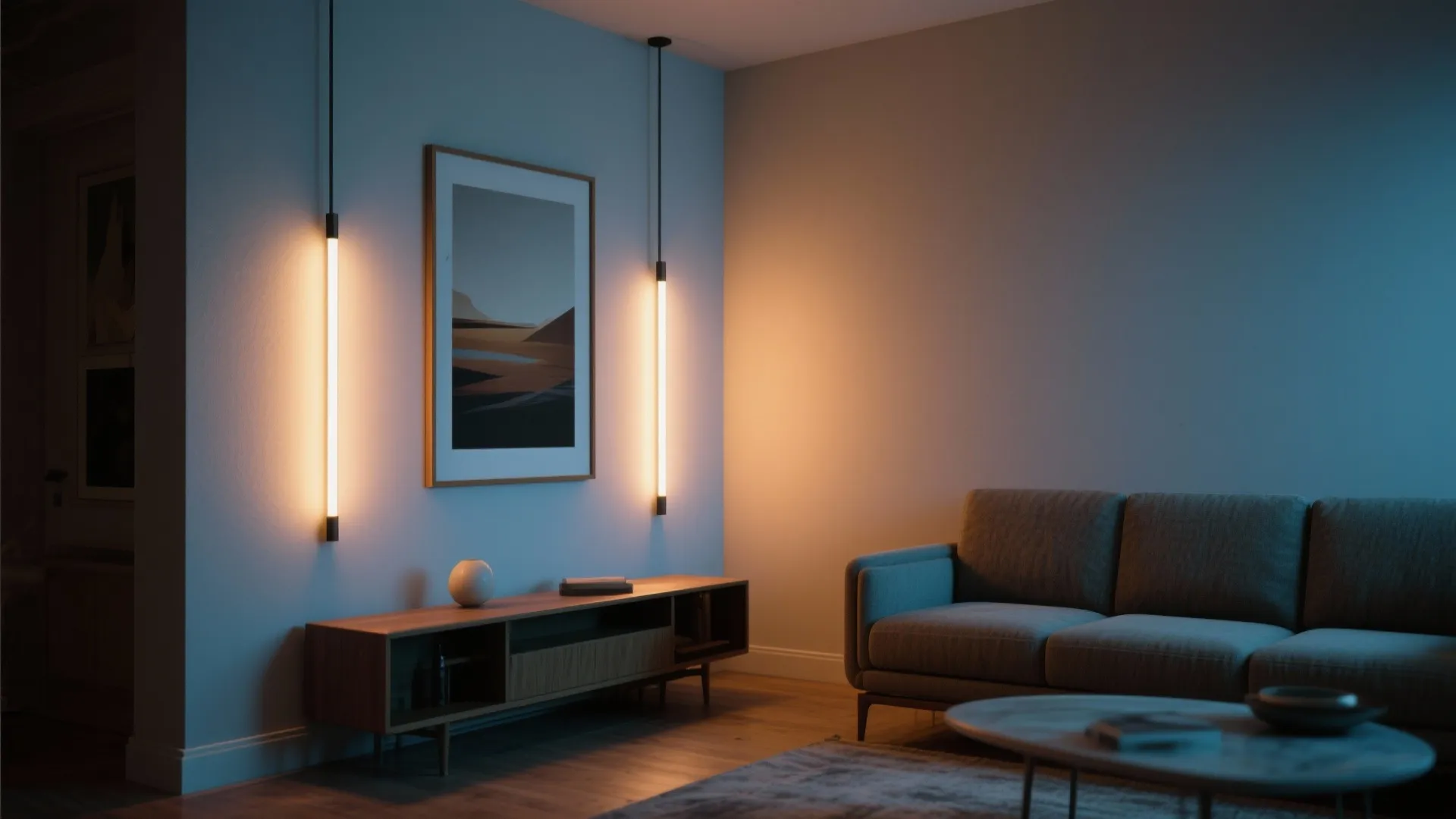 Slim picture lights highlighting vertical artwork to add perceived height in a compact living room.