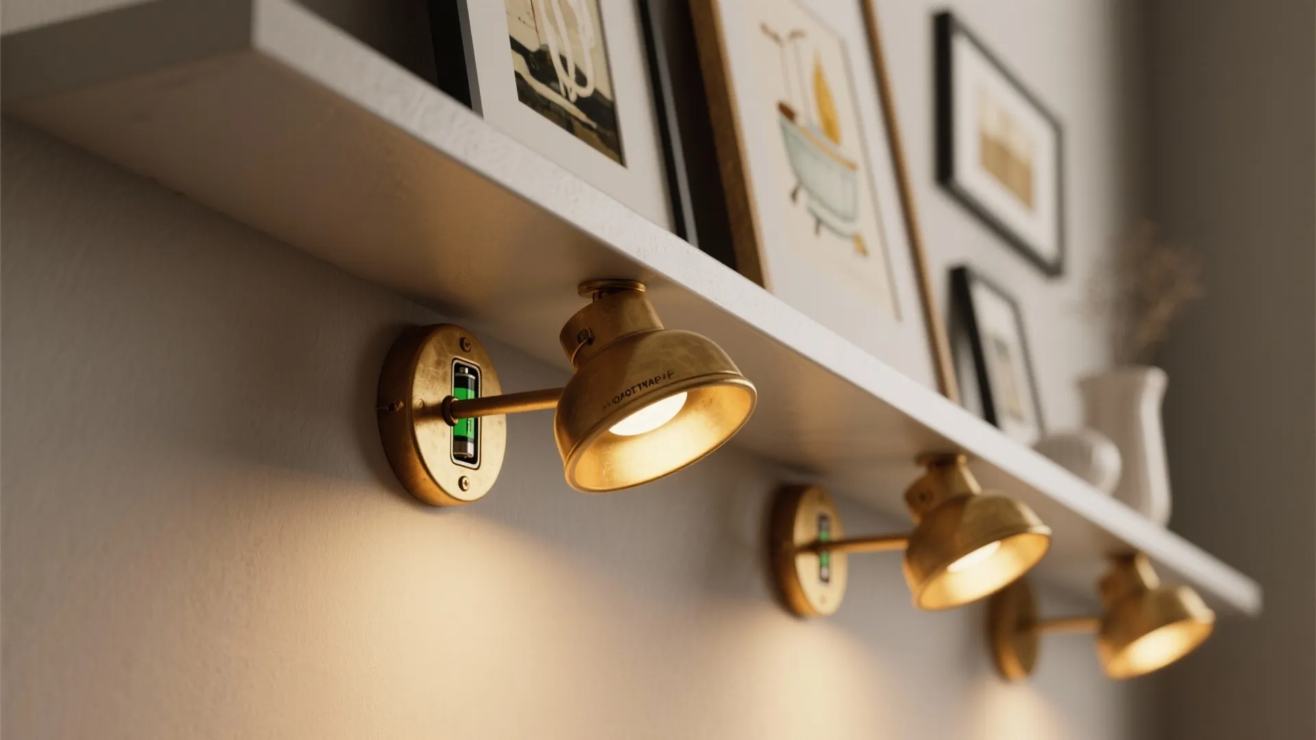 Brass wall light fixtures mounted below a white shelf to illuminate framed artwork in a room